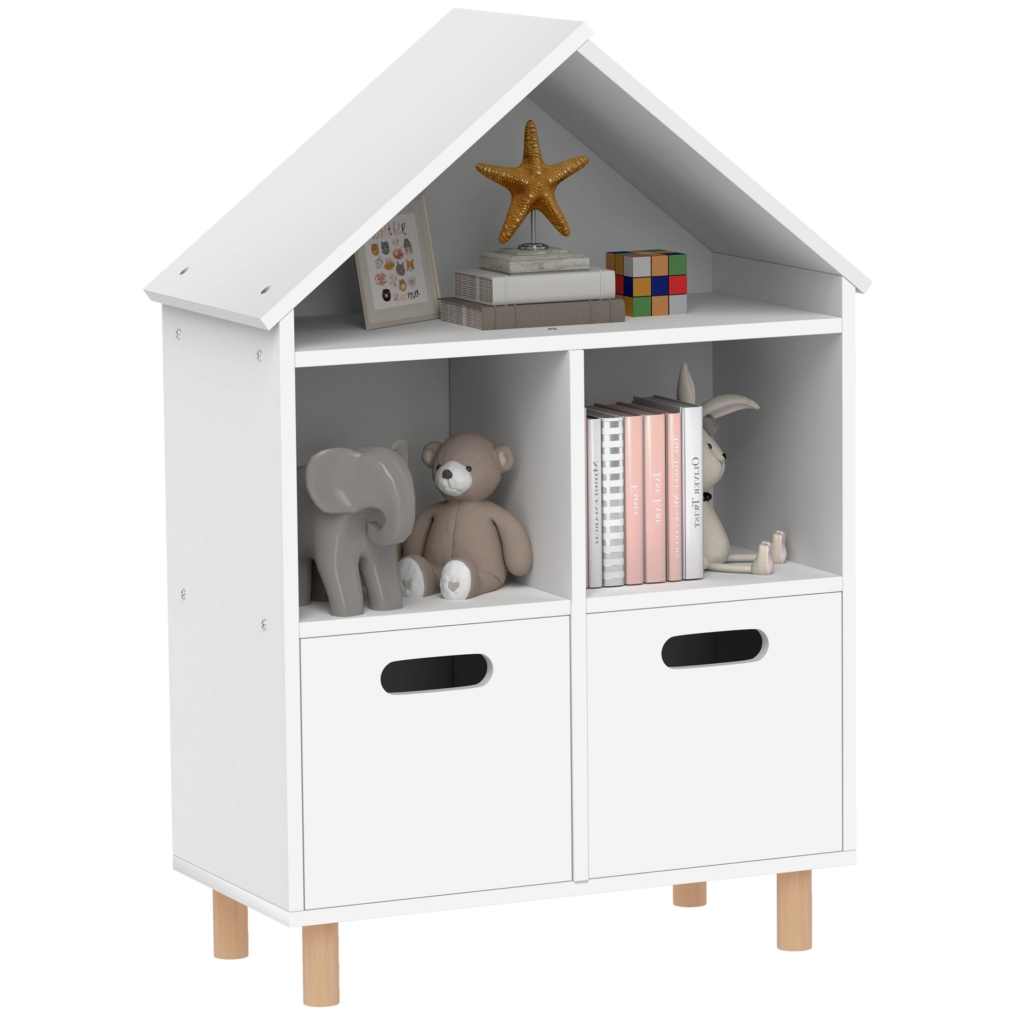 Children's Bookshelf, Children's Storage Furniture, 3 Levels with Two Drawers, House Shape, for Children's Rooms, Bedroom, 63.7 x 29.7 x 89.5 cm, White