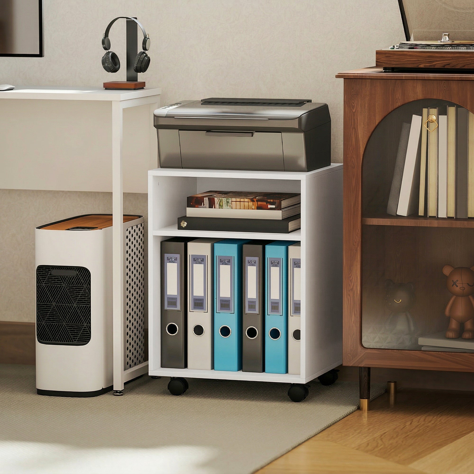 Printer Stand with 2 Open Shelves & Locking Wheels — Desk Organizer for Printer, Fax, Scanner — 15.7 x 13.8 x 22.0 in, White