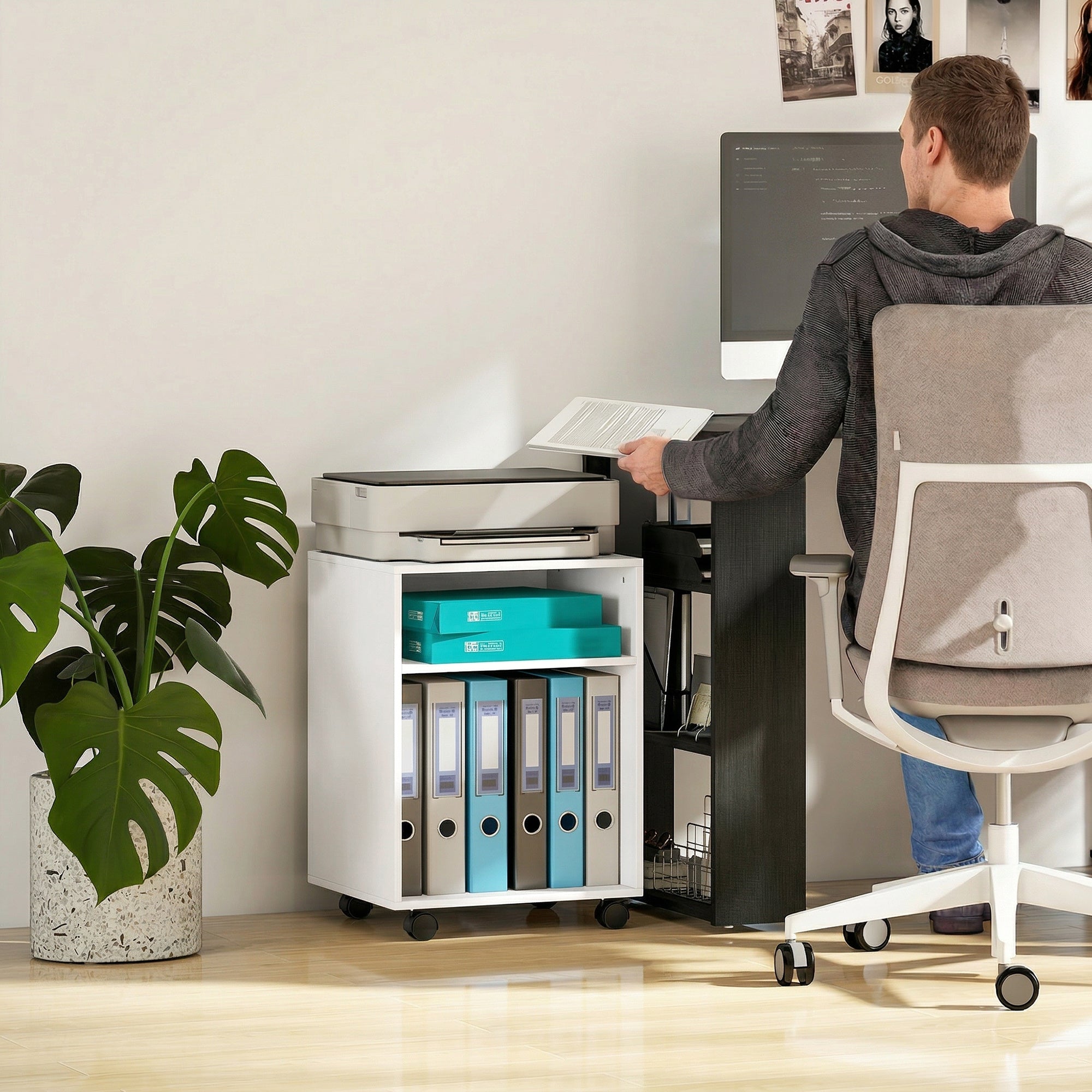 Printer Stand with 2 Open Shelves & Locking Wheels — Desk Organizer for Printer, Fax, Scanner — 15.7 x 13.8 x 22.0 in, White