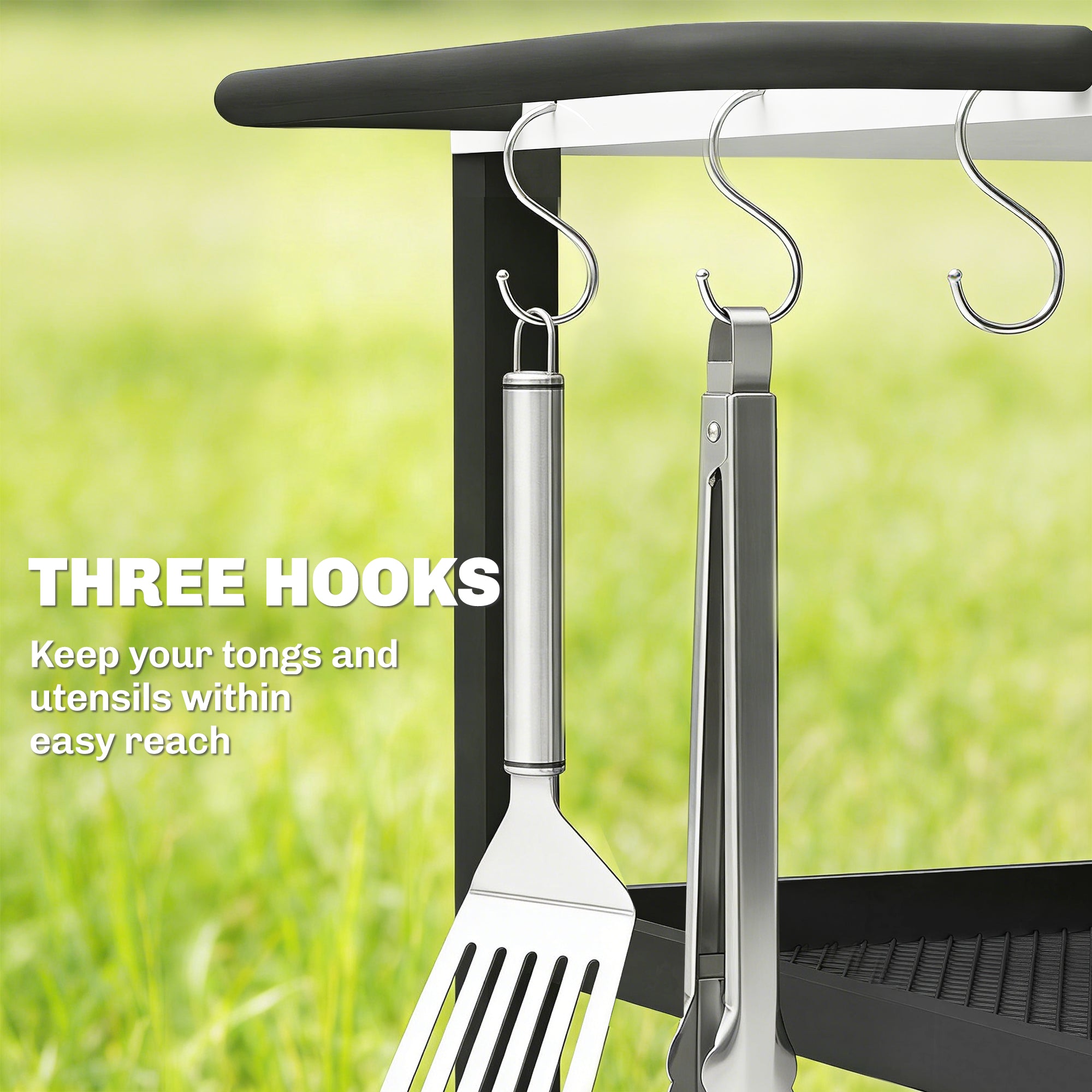 3-Tier BBQ Cart – Mobile Outdoor Grill Trolley with Stainless Steel Worktop, Adjustable Shelf, Wheels & Brakes, Hooks, Handle – Black