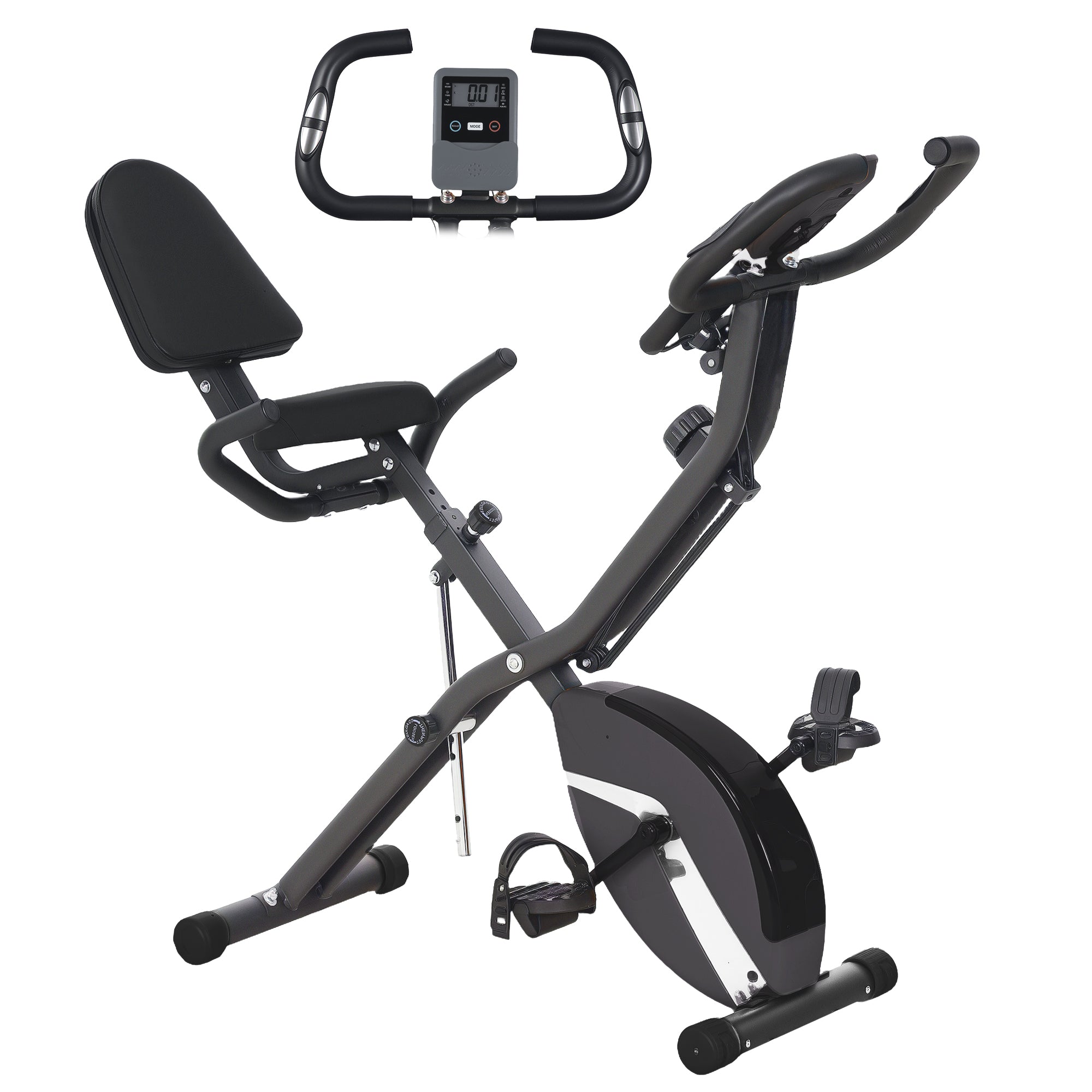 SPORTNOW Folding Stationary Bike with Backrest Quiet Exercise Bike with 8 Levels of Resistance Adjustable Saddle LCD Screen Resistance Band Load 110 kg Black