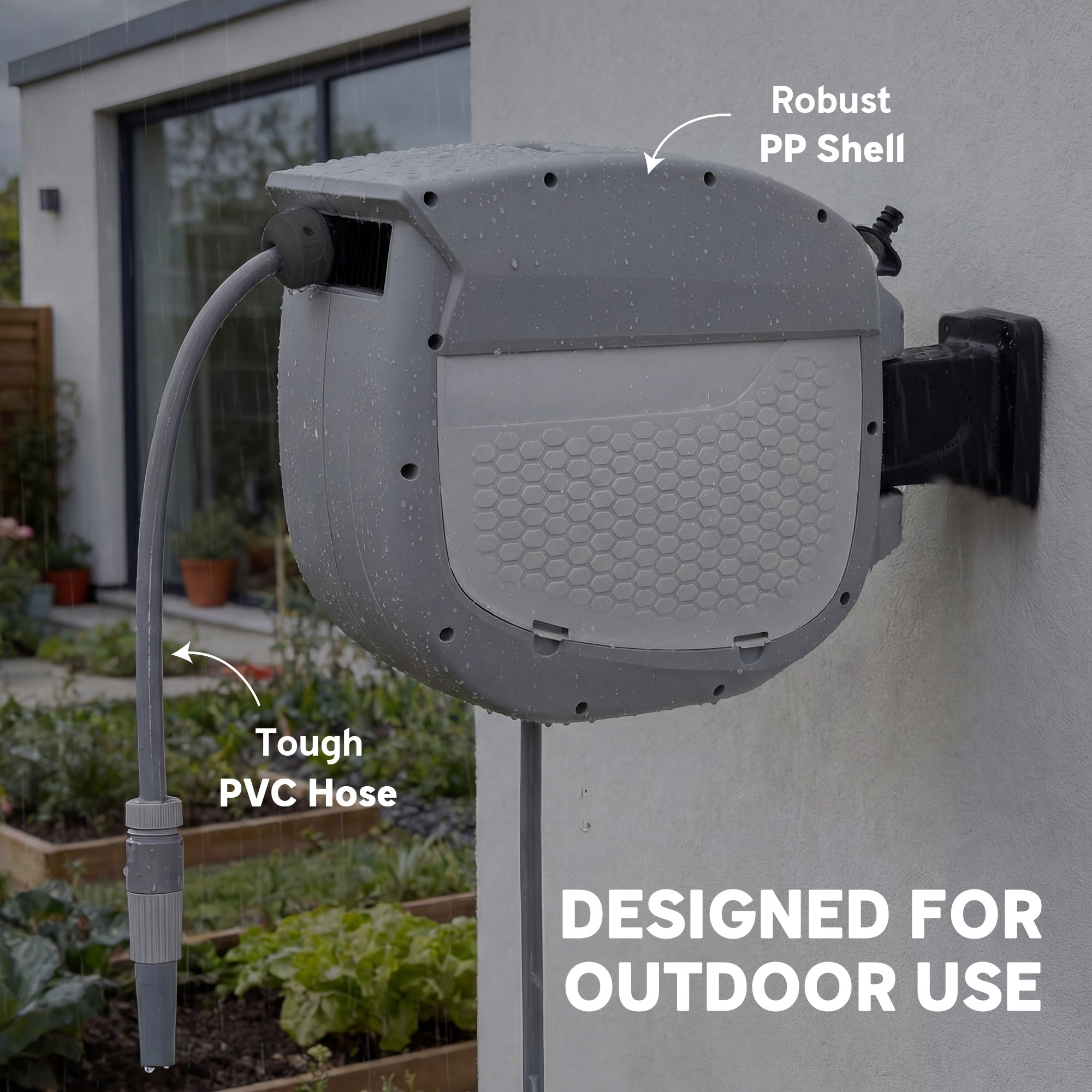 98 ft (30 m) Retractable Garden Hose Reel — 180° Swivel, Auto-Retract & Self-Locking, Wall-Mount, Gray