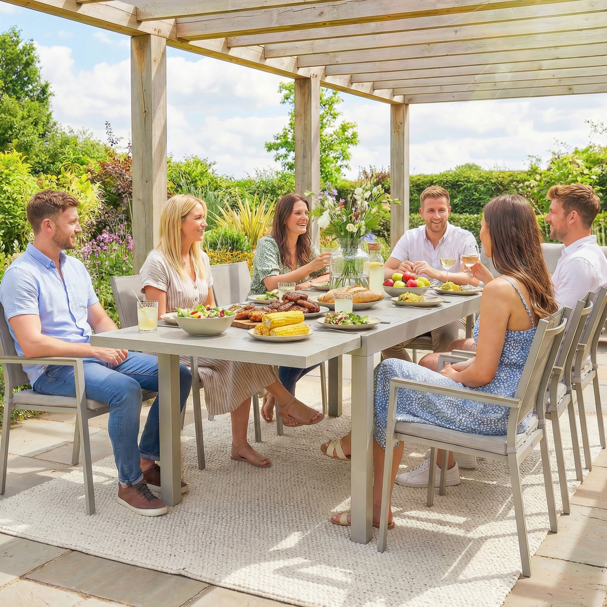 Extendable Garden Table, 60.6–84.3 in x 33.5 in Aluminum Dining Table for 8–10 People, Rectangular Balcony/Patio Table with Wood-Effect Top, Weatherproof — Light Gray