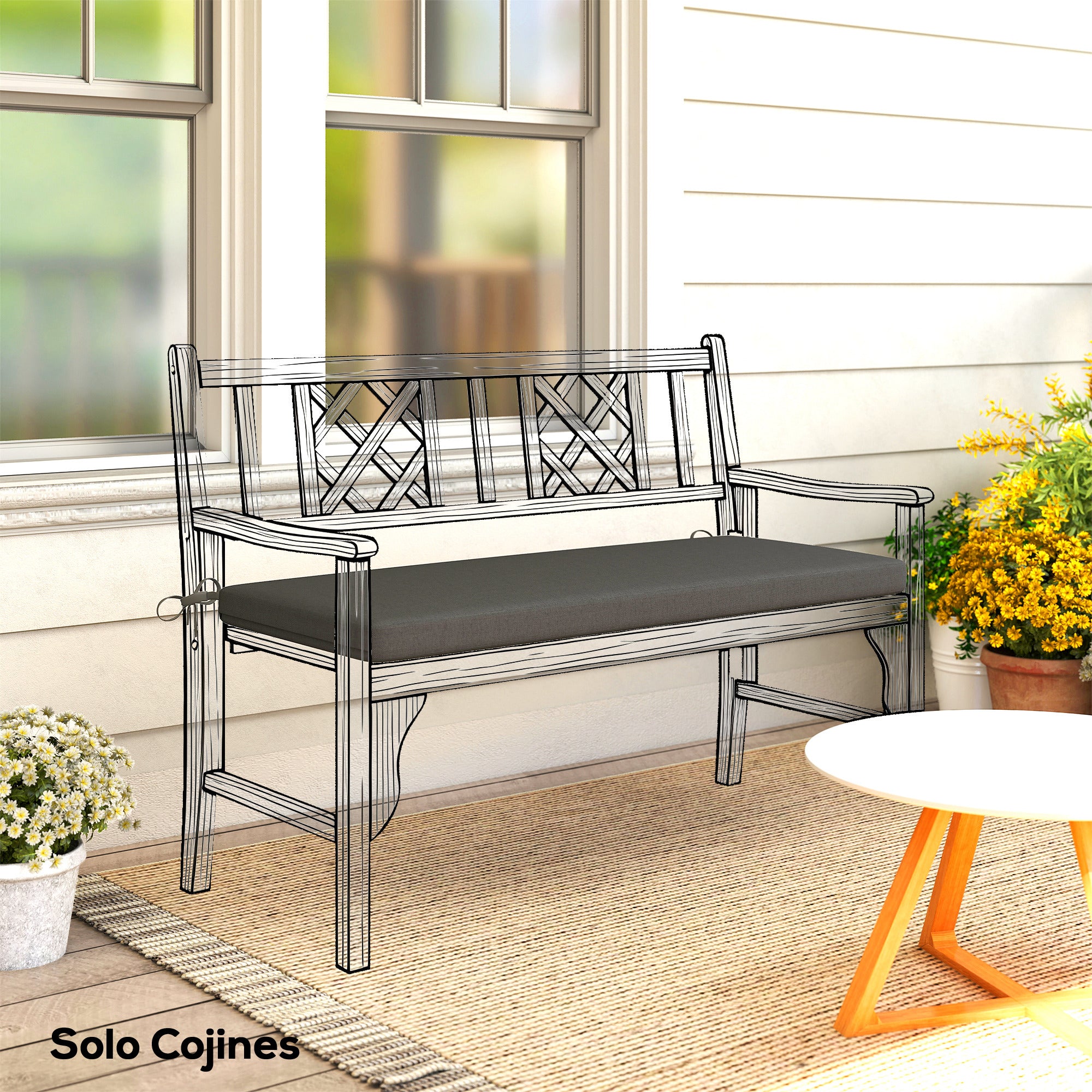 Padded Garden Bench Cushion 43.3 x 18.1 x 2.6 in, 2-Seat Outdoor Bench Pad with Removable Cover, UPF 30+, Waterproof, Tie Straps, Dark Gray