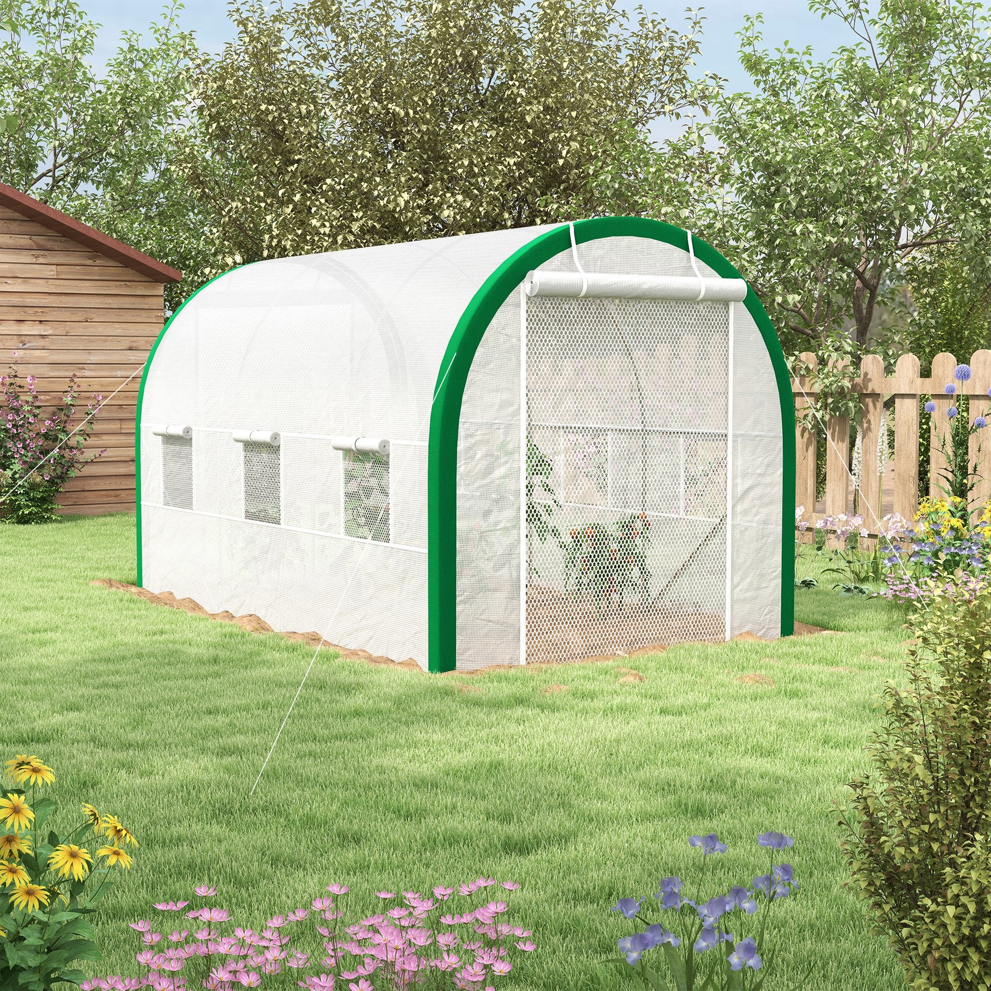 Greenhouse 3.58 x 2.1 x 2.1 m Tunnel Greenhouse with Roll-Up Door, Plant House with Window, Tomato Plant House for Garden, Balcony, Galvanized Steel, White