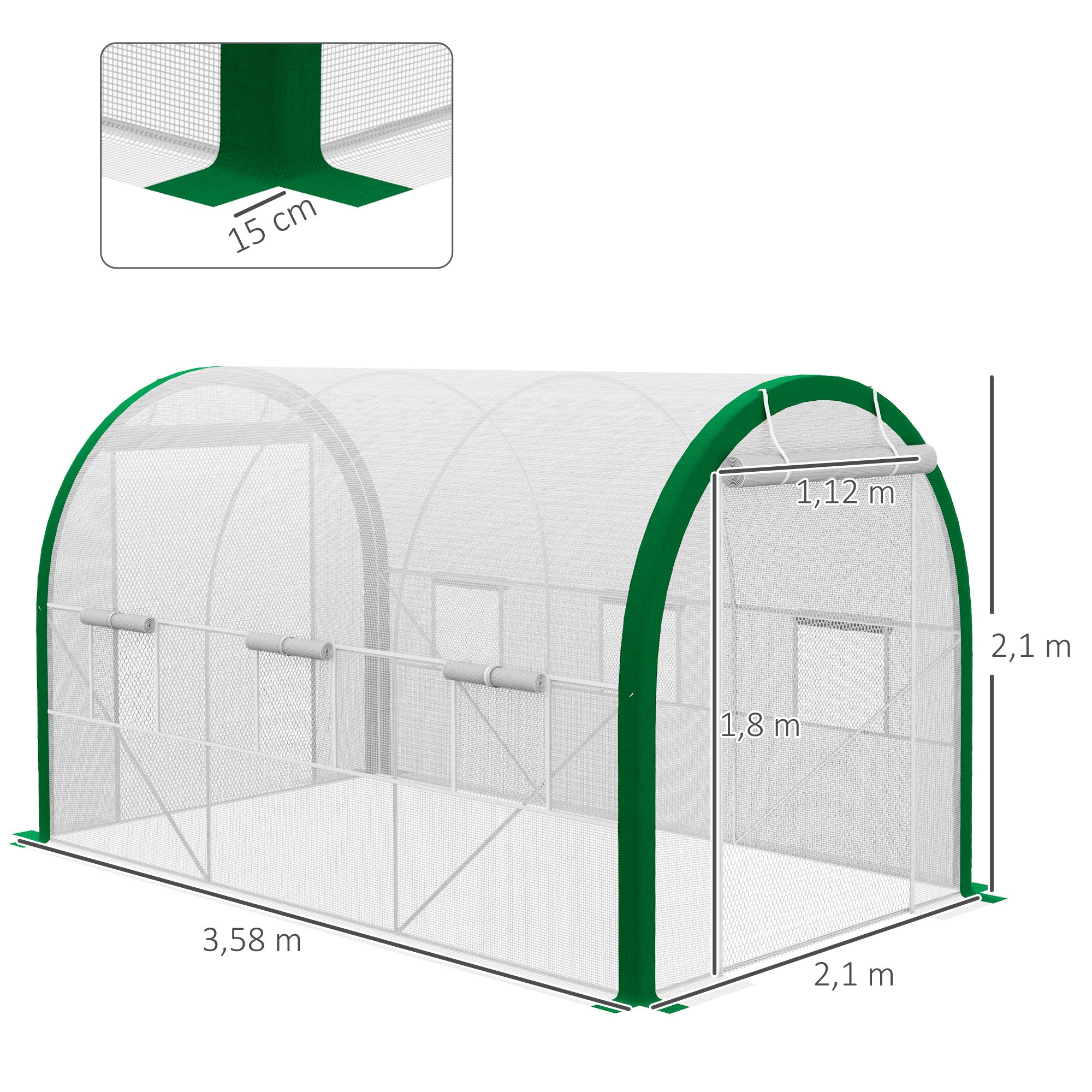 Greenhouse 3.58 x 2.1 x 2.1 m Tunnel Greenhouse with Roll-Up Door, Plant House with Window, Tomato Plant House for Garden, Balcony, Galvanized Steel, White