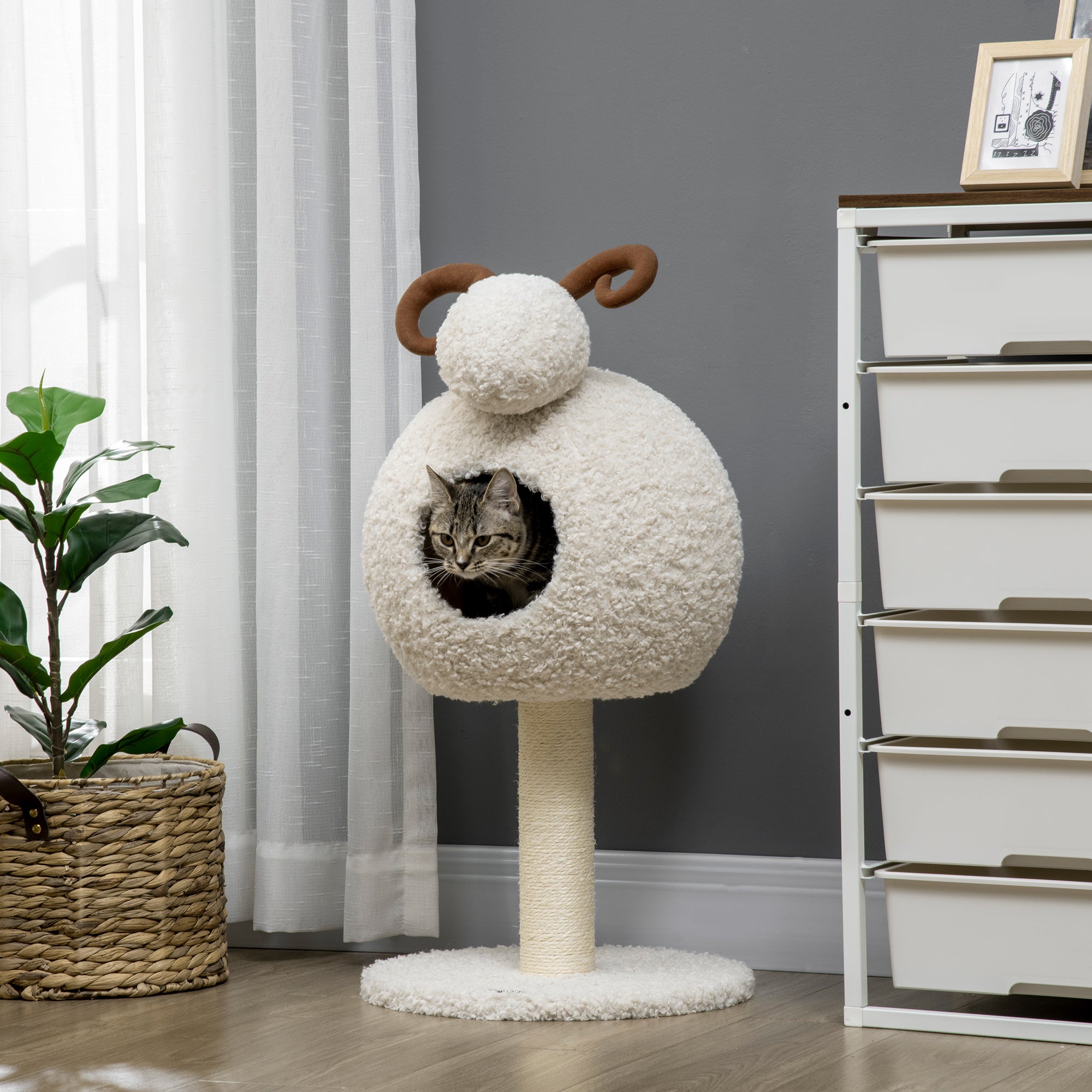 Cat Tree, 80 cm, Cat Tree with Cat Cave, Cat Scratching Post in Goat Design, Climbing Tree with Sisal Pole and Plush Frame, Cat Furniture, Cream White