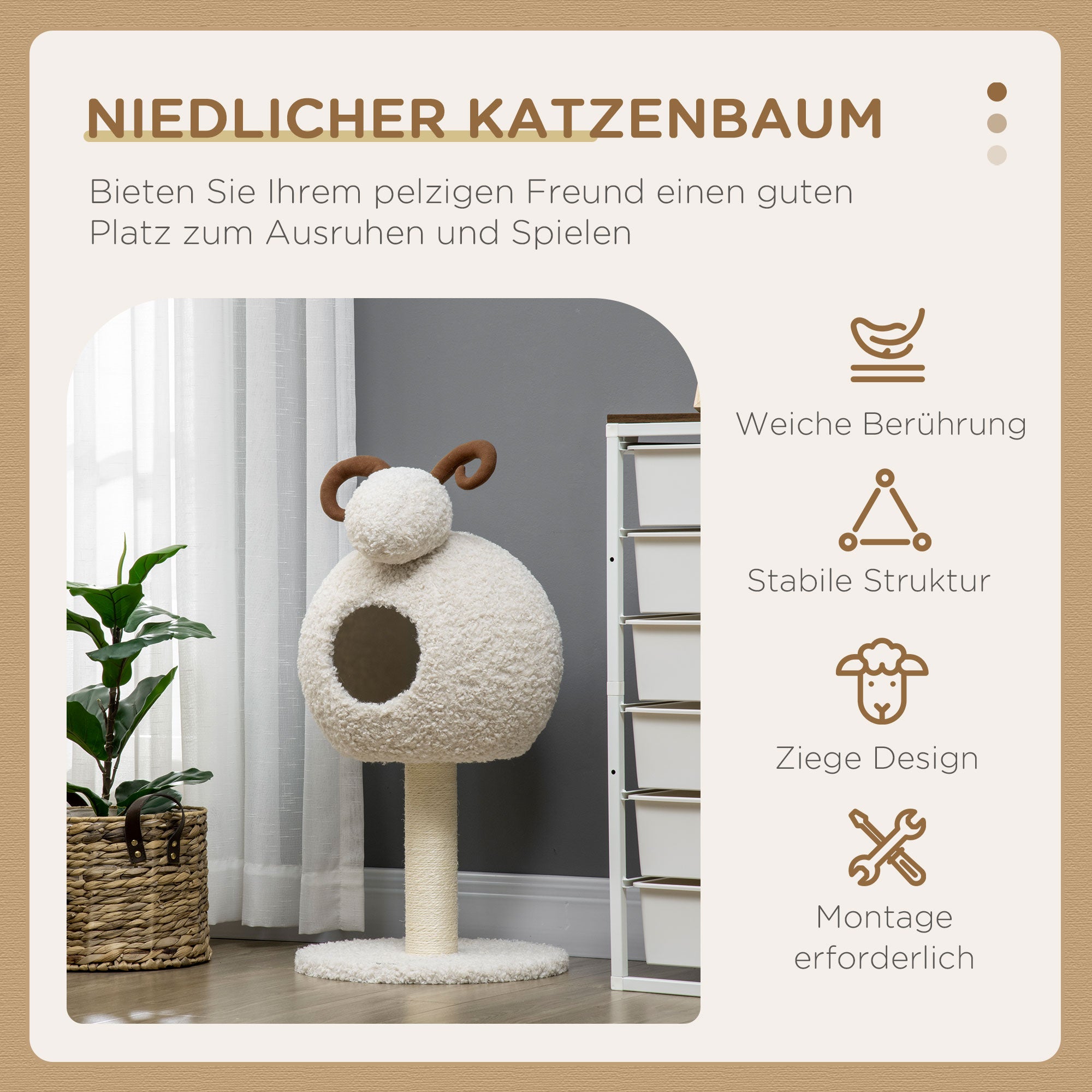 Cat Tree, 80 cm, Cat Tree with Cat Cave, Cat Scratching Post in Goat Design, Climbing Tree with Sisal Pole and Plush Frame, Cat Furniture, Cream White