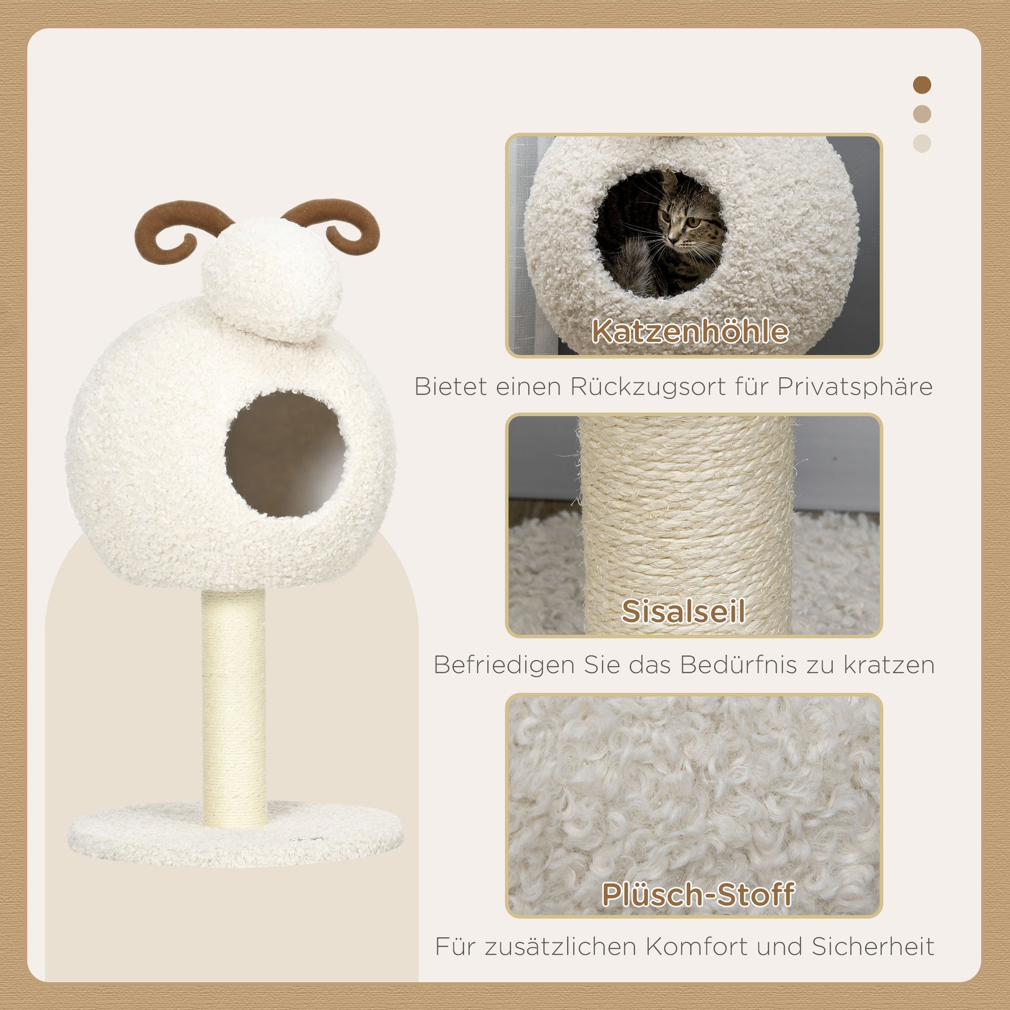 Cat Tree, 80 cm, Cat Tree with Cat Cave, Cat Scratching Post in Goat Design, Climbing Tree with Sisal Pole and Plush Frame, Cat Furniture, Cream White