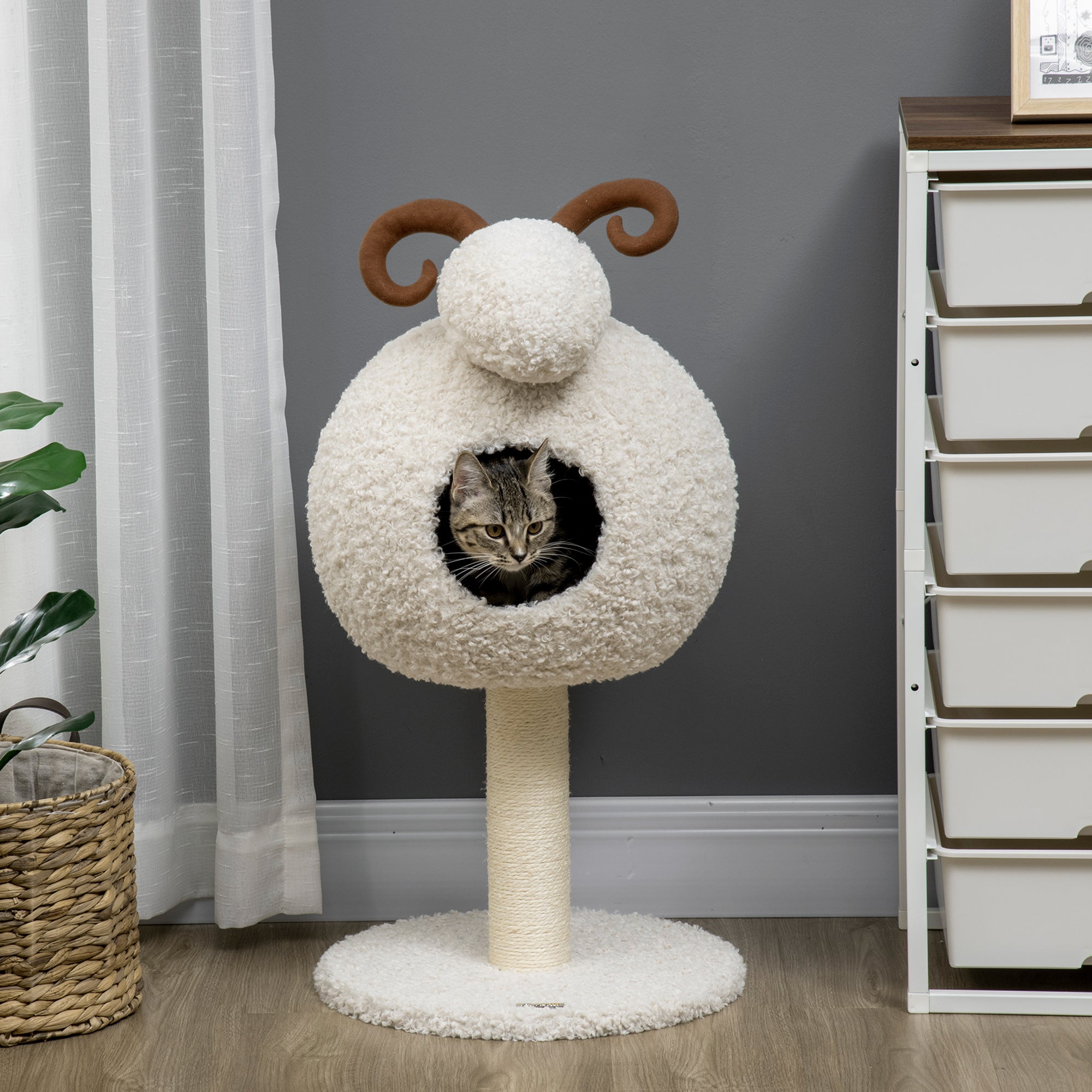 Cat Tree, 80 cm, Cat Tree with Cat Cave, Cat Scratching Post in Goat Design, Climbing Tree with Sisal Pole and Plush Frame, Cat Furniture, Cream White