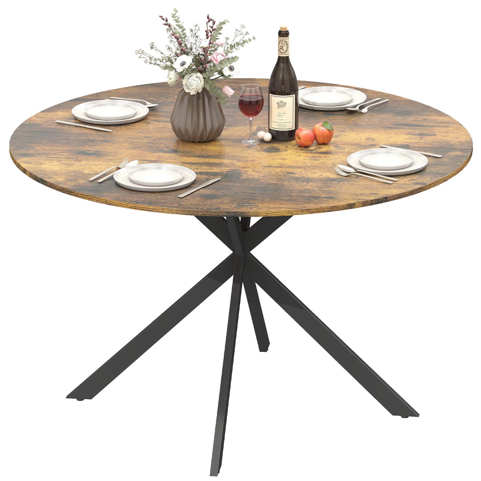 Round Dining Table for 4, Ø120 cm (47.2") Industrial Style with Steel X-Legs, Rustic Brown