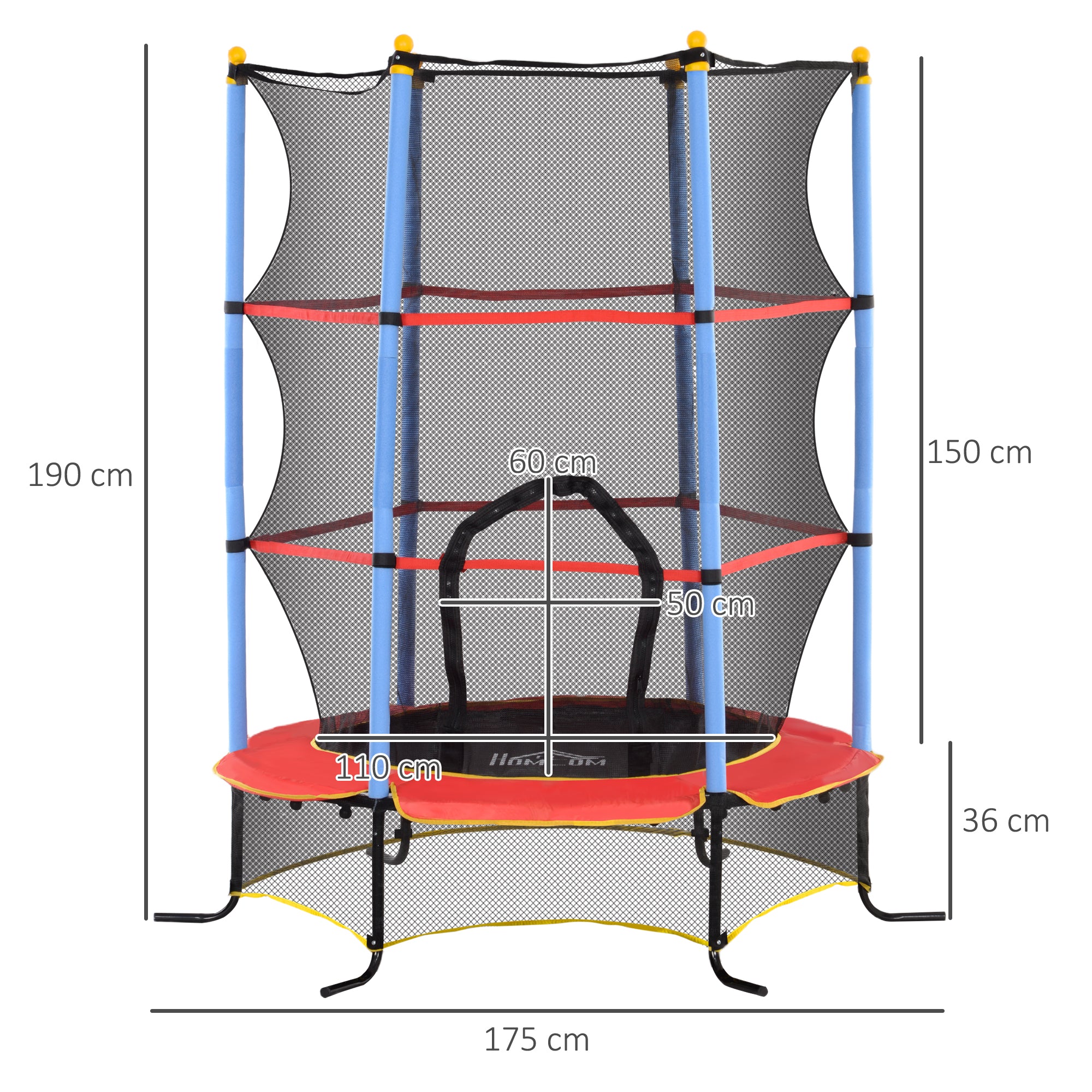 Children's Trampoline Ø 1.75 × 1.90H m Safety Net Zippered Door Spring Cover 6 Padded Poles Included Black Red Blue