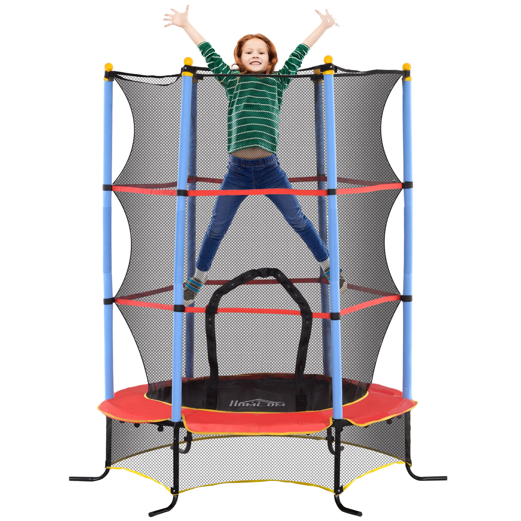 Children's Trampoline Ø 1.75 × 1.90H m Safety Net Zippered Door Spring Cover 6 Padded Poles Included Black Red Blue