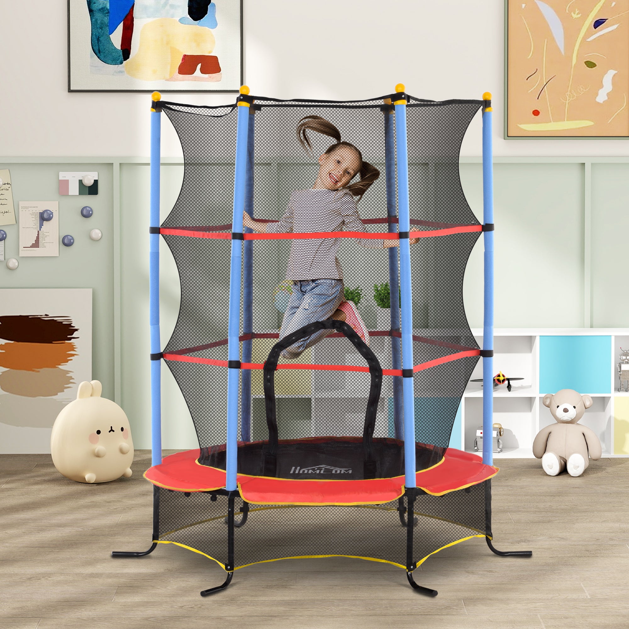 Children's Trampoline Ø 1.75 × 1.90H m Safety Net Zippered Door Spring Cover 6 Padded Poles Included Black Red Blue