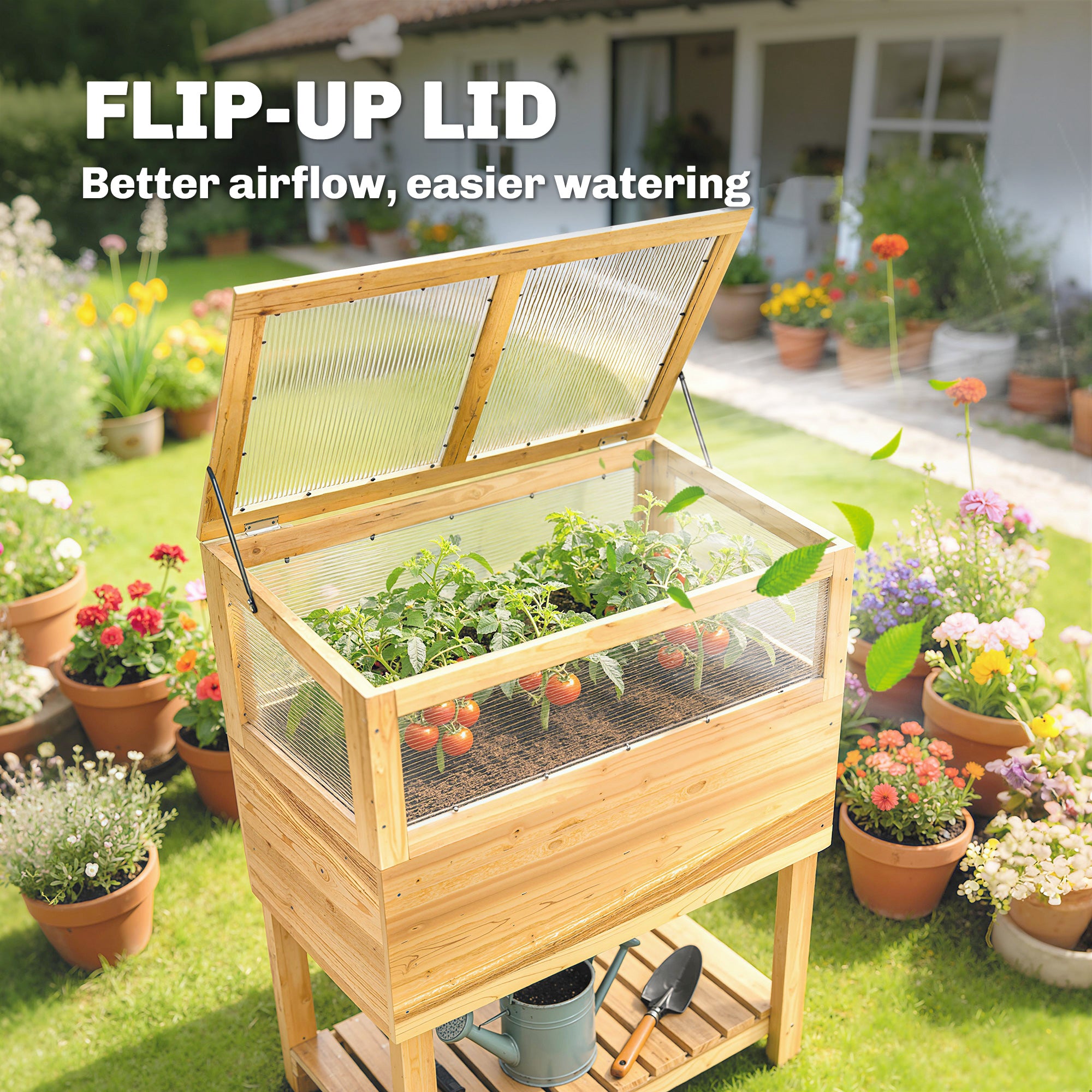 Raised Wooden Planter with Cold Frame – Elevated Garden Bed with Hinged Cover & Storage Shelf, Ergonomic Flower/Vegetable Bed for Garden & Balcony, 31.5 x 17.7 x 42.7 in (80 x 45 x 108.5 cm), Natural Wood