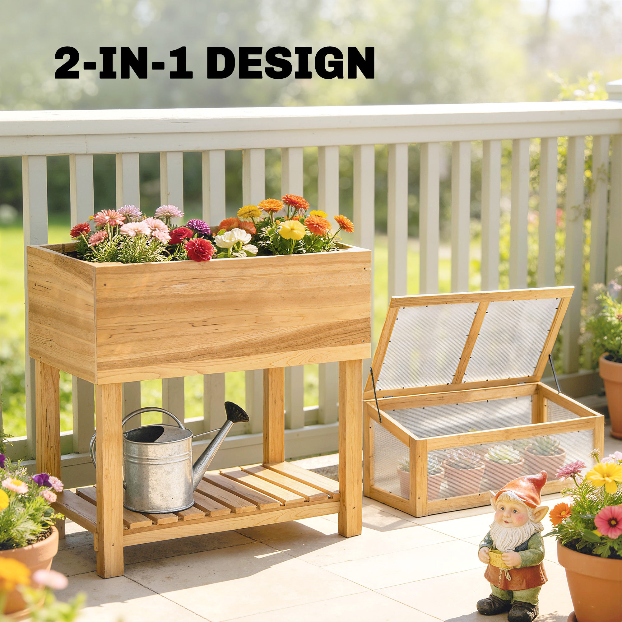 Raised Wooden Planter with Cold Frame – Elevated Garden Bed with Hinged Cover & Storage Shelf, Ergonomic Flower/Vegetable Bed for Garden & Balcony, 31.5 x 17.7 x 42.7 in (80 x 45 x 108.5 cm), Natural Wood