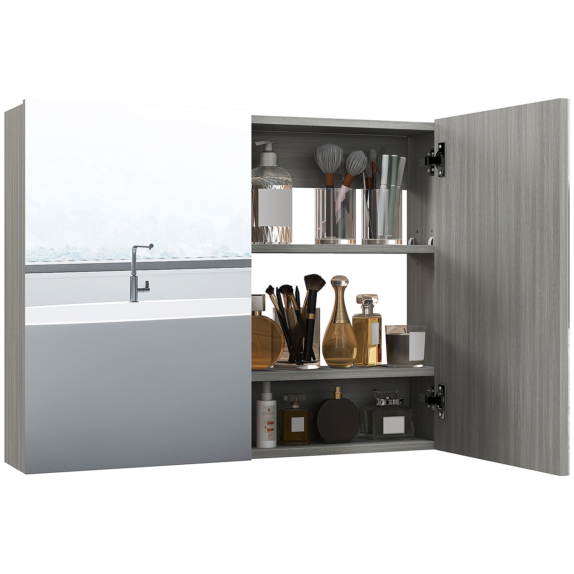 Wall-Mounted Bathroom Mirror Cabinet, 31.5 x 5.9 x 23.6 in, Double Doors with Adjustable Shelves, Grey