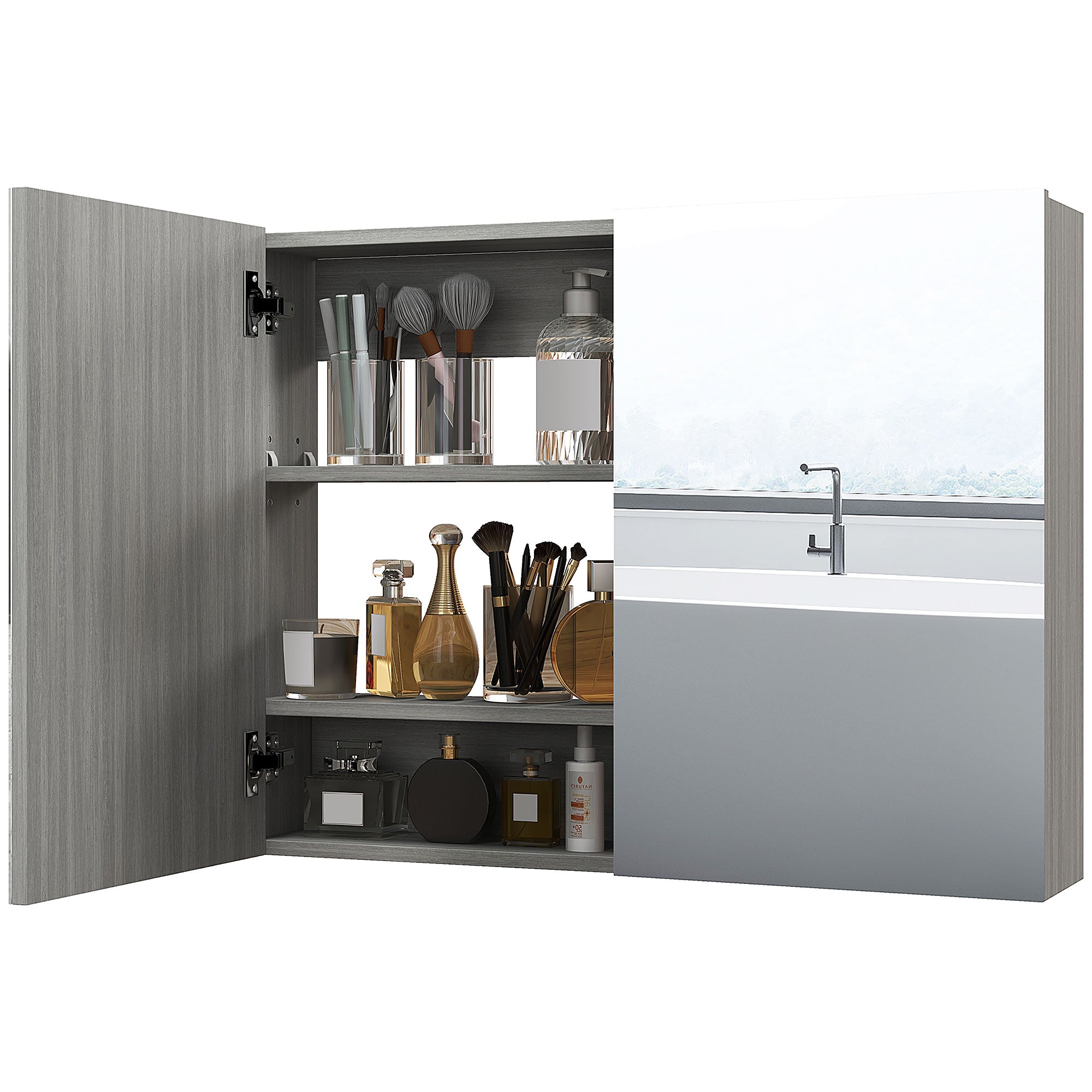 Wall-Mounted Bathroom Mirror Cabinet, 31.5 x 5.9 x 23.6 in, Double Doors with Adjustable Shelves, Grey