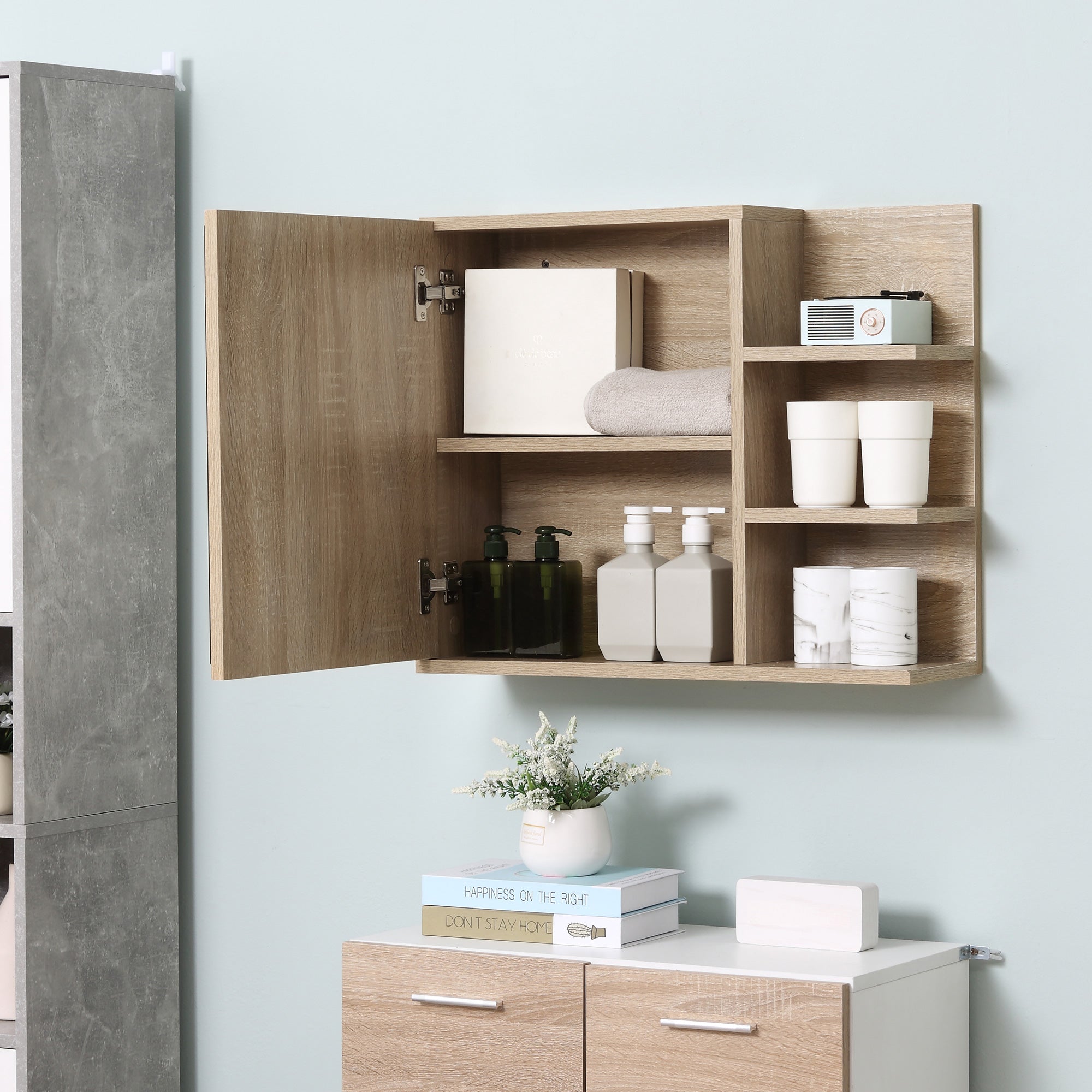 Bathroom Cabinet with Mirror Bathroom Mirror Cabinet with 3 Open Shelves and 1 Interior Shelf Modern Style 60x18x50 cm Natural