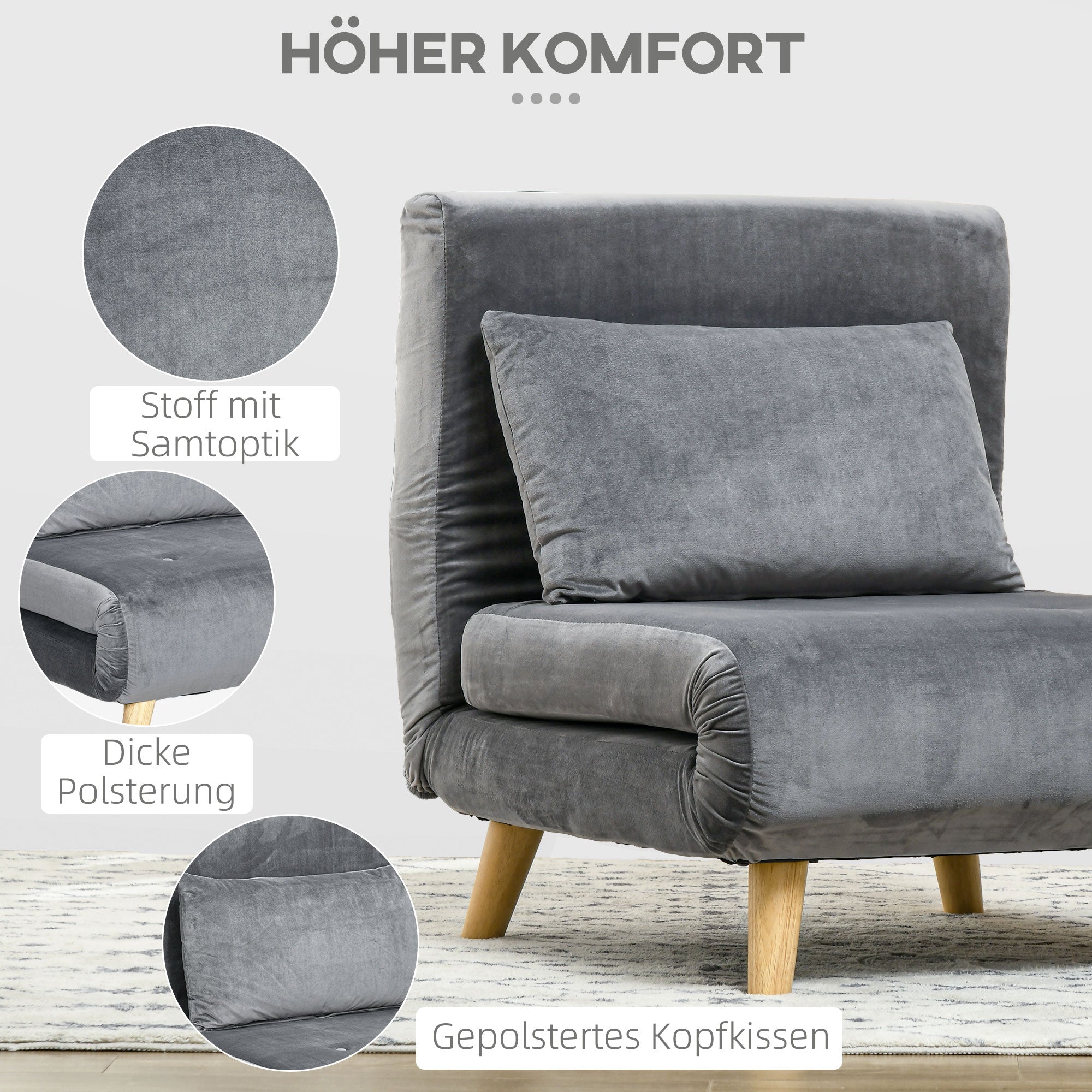 3-in-1 sleeper chair, sofa bed with sleeping function, lumbar pillow, foldable recliner with adjustable backrest, chaise lounge in velvet look, for living room, Gray