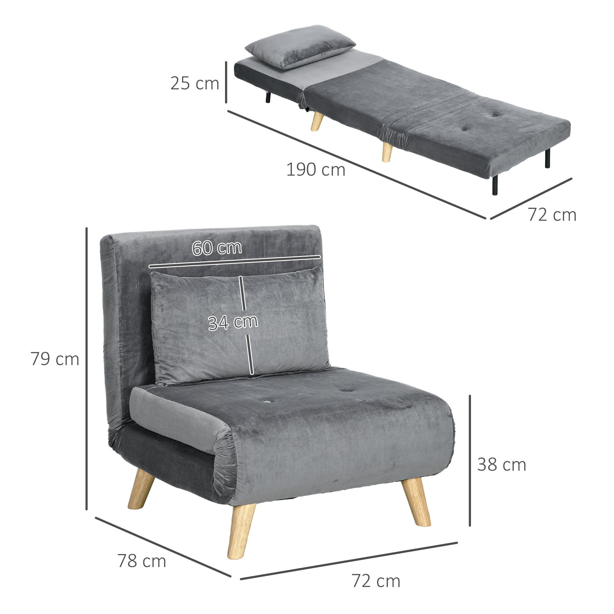 3-in-1 sleeper chair, sofa bed with sleeping function, lumbar pillow, foldable recliner with adjustable backrest, chaise lounge in velvet look, for living room, Gray