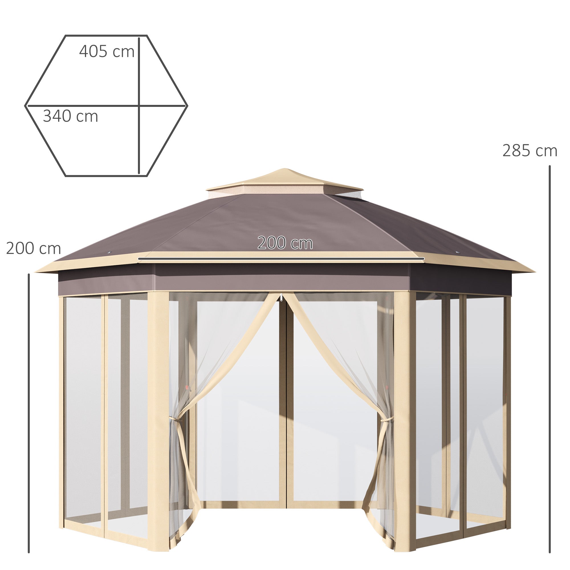 Foldable Gazebo 4x3.4x2.85 m Hexagonal Garden Canopy with Double Roof 6 Detachable Mosquito Nets Carrying Bag 3-Level Adjustable Height Anti-UV Gazebo for Party Patio Beige