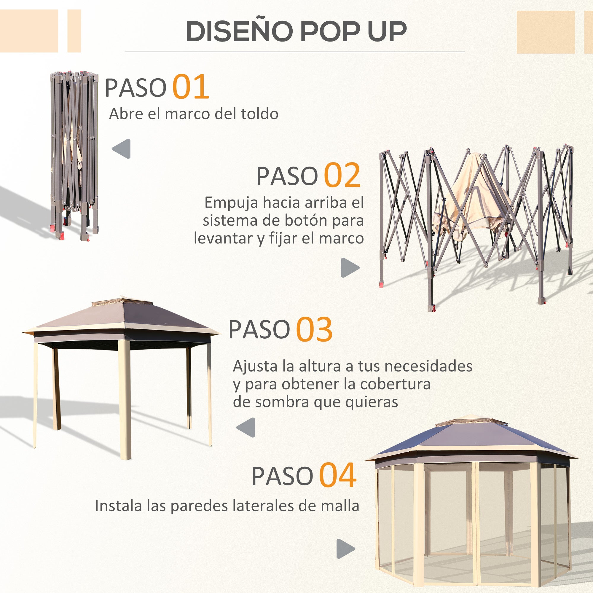 Foldable Gazebo 4x3.4x2.85 m Hexagonal Garden Canopy with Double Roof 6 Detachable Mosquito Nets Carrying Bag 3-Level Adjustable Height Anti-UV Gazebo for Party Patio Beige