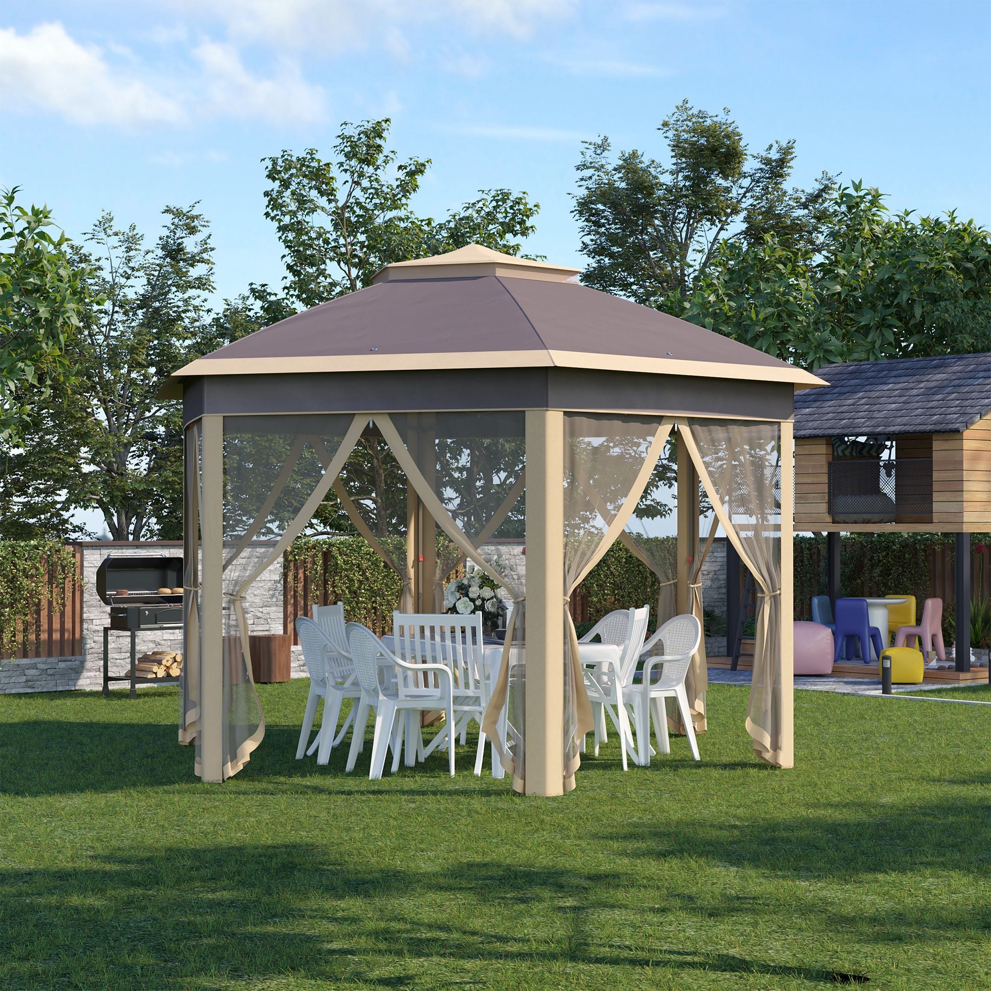 Foldable Gazebo 4x3.4x2.85 m Hexagonal Garden Canopy with Double Roof 6 Detachable Mosquito Nets Carrying Bag 3-Level Adjustable Height Anti-UV Gazebo for Party Patio Beige