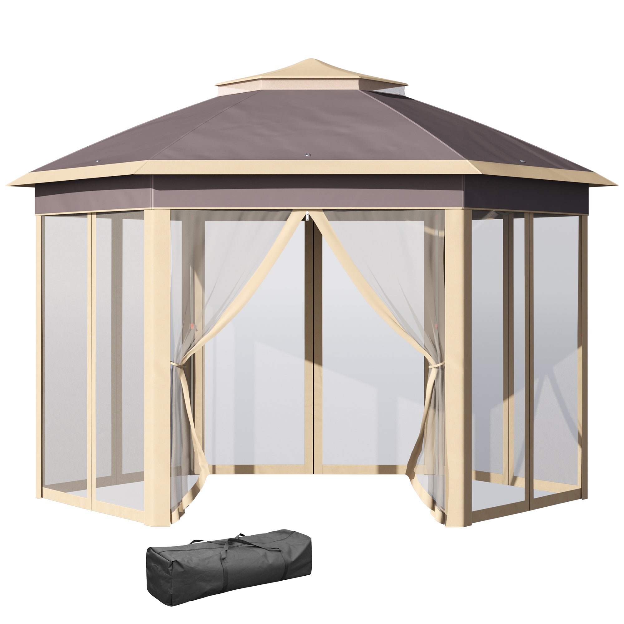 Foldable Gazebo 4x3.4x2.85 m Hexagonal Garden Canopy with Double Roof 6 Detachable Mosquito Nets Carrying Bag 3-Level Adjustable Height Anti-UV Gazebo for Party Patio Beige