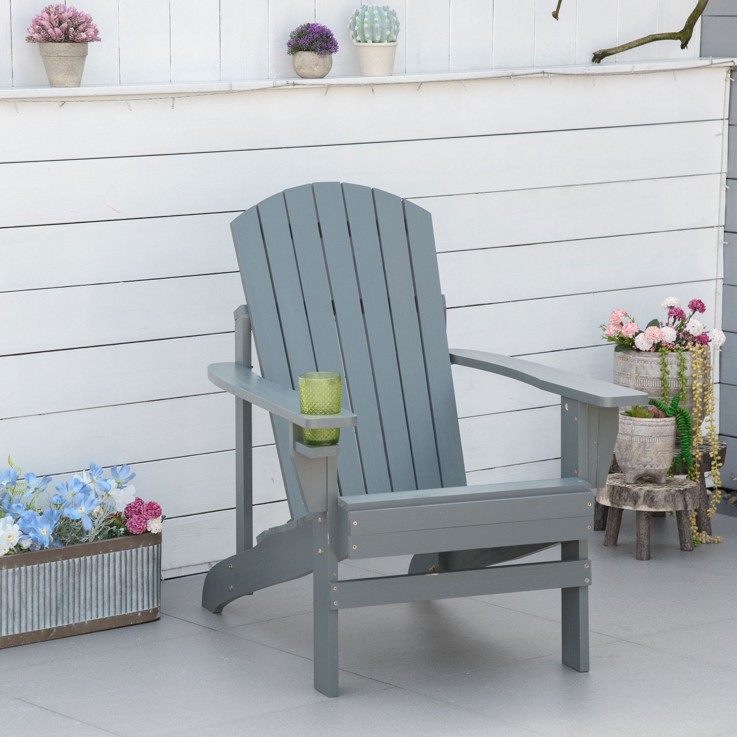 Adirondack Garden Chair with Cup Holder Garden Lounger Balcony Chair Solid Wood Dark Gray 97 x 72.5 x 93 cm