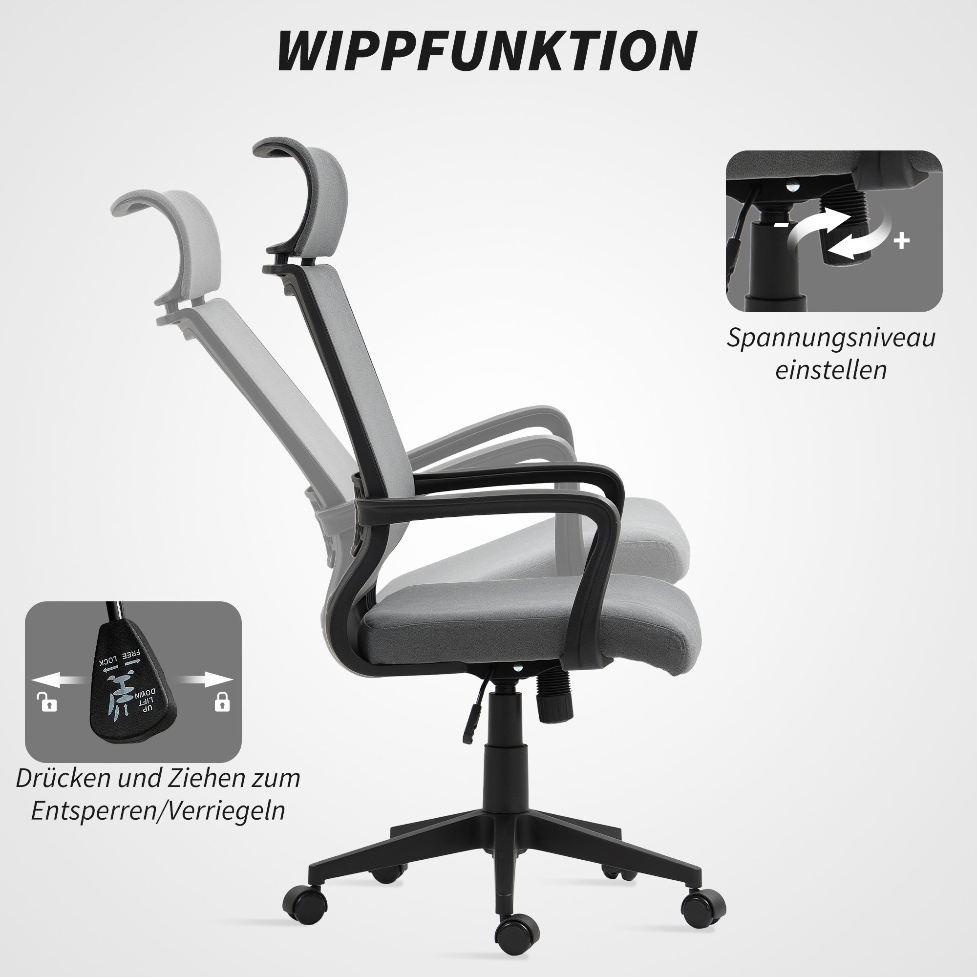 Office Chair, Ergonomic Desk Chair with Armrest, Headrest, Height Adjustable Swivel Chair with Rocking Function, Computer Chair with Faux Wool Look, Dark Gray