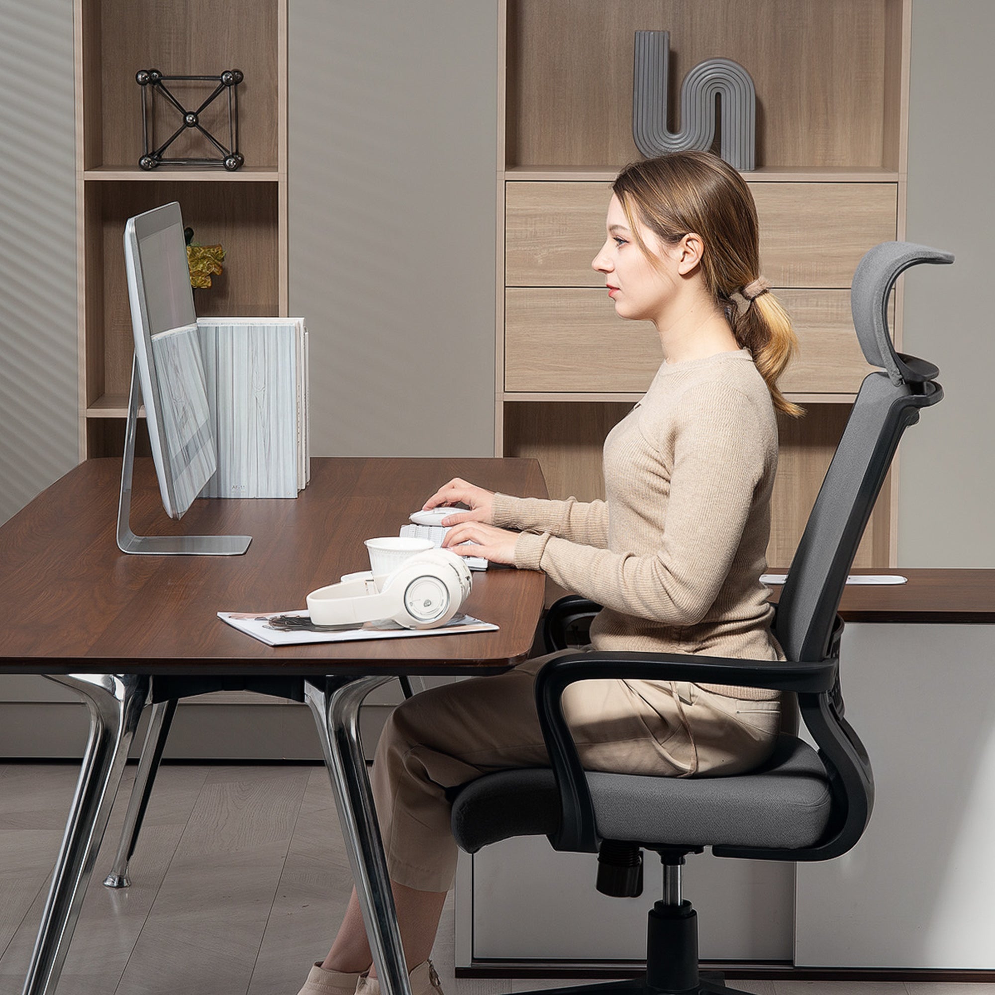 Office Chair, Ergonomic Desk Chair with Armrest, Headrest, Height Adjustable Swivel Chair with Rocking Function, Computer Chair with Faux Wool Look, Dark Gray