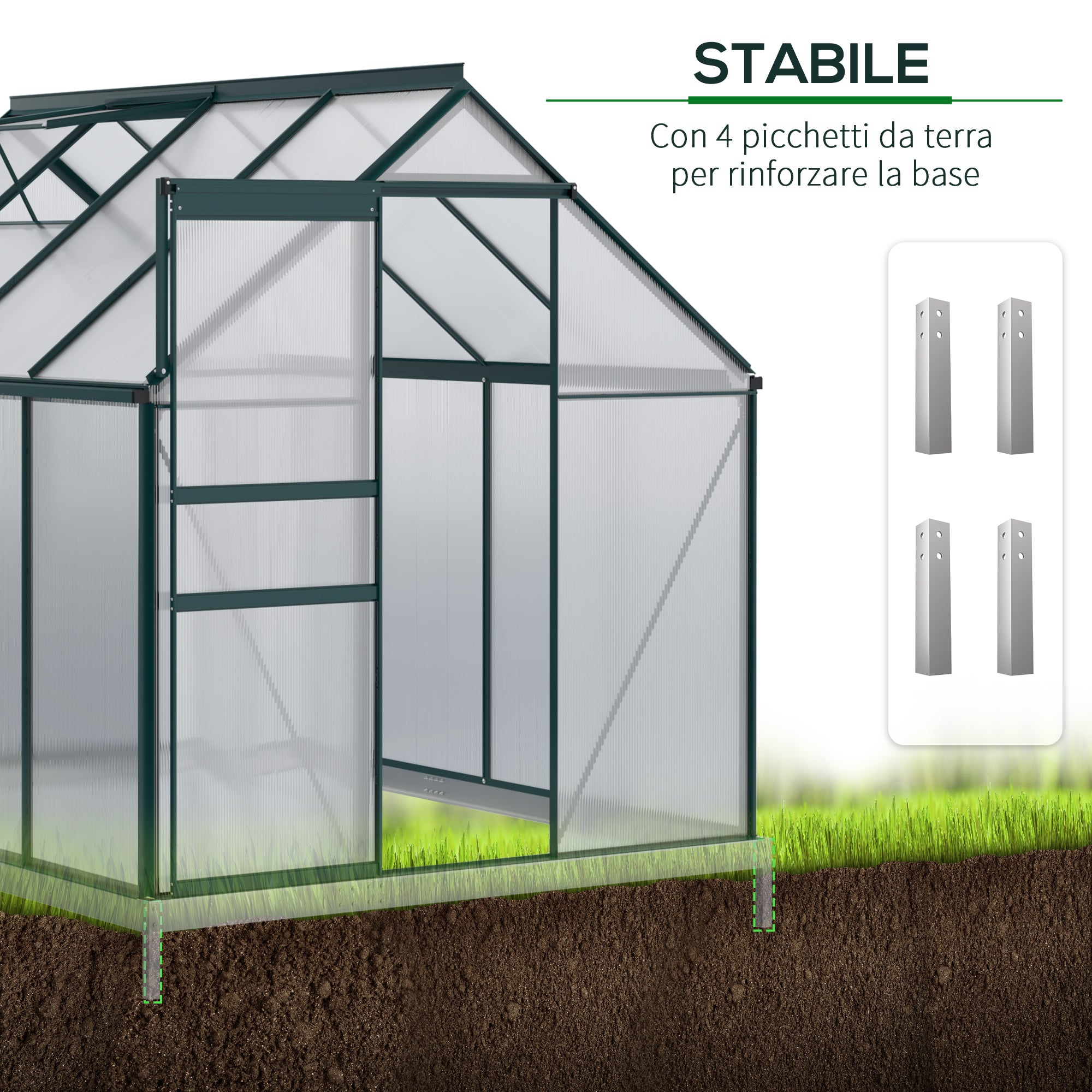Polycarbonate Garden Greenhouse 190x253x199cm, with Openable Window and Sliding Door, Aluminum Structure, Green