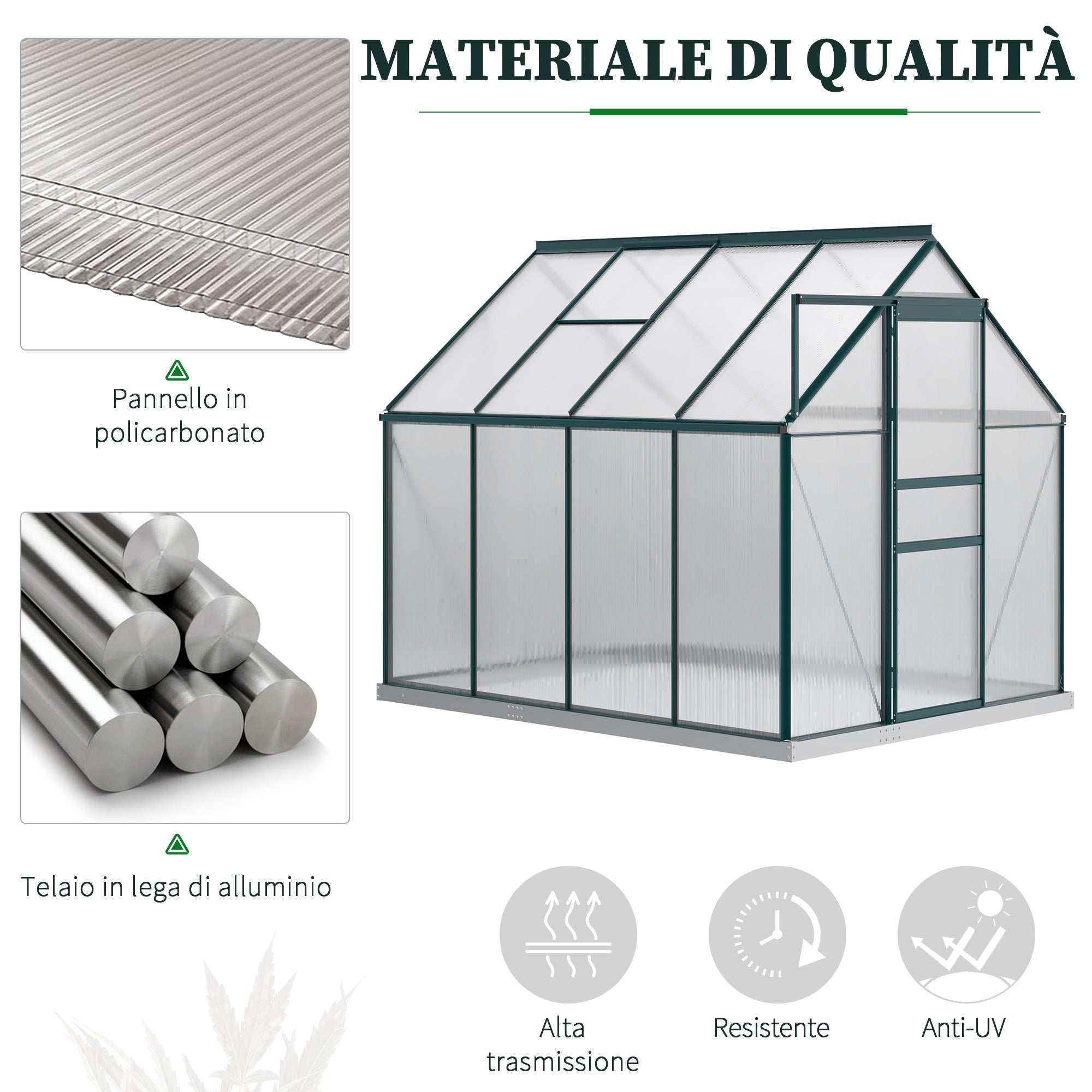 Polycarbonate Garden Greenhouse 190x253x199cm, with Openable Window and Sliding Door, Aluminum Structure, Green