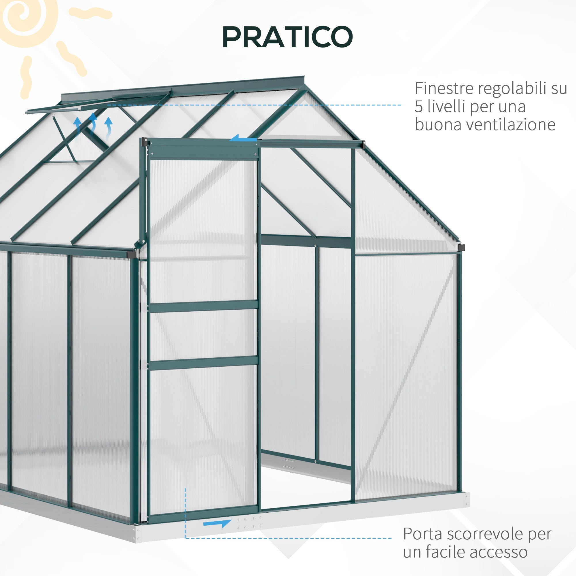 Polycarbonate Garden Greenhouse 190x253x199cm, with Openable Window and Sliding Door, Aluminum Structure, Green