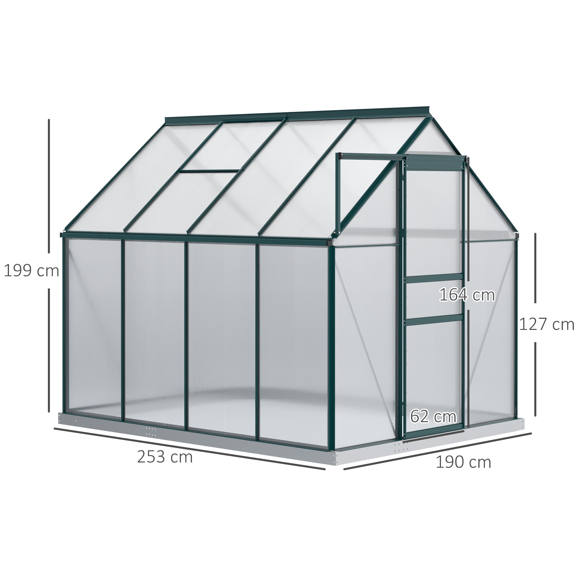 Polycarbonate Garden Greenhouse 190x253x199cm, with Openable Window and Sliding Door, Aluminum Structure, Green