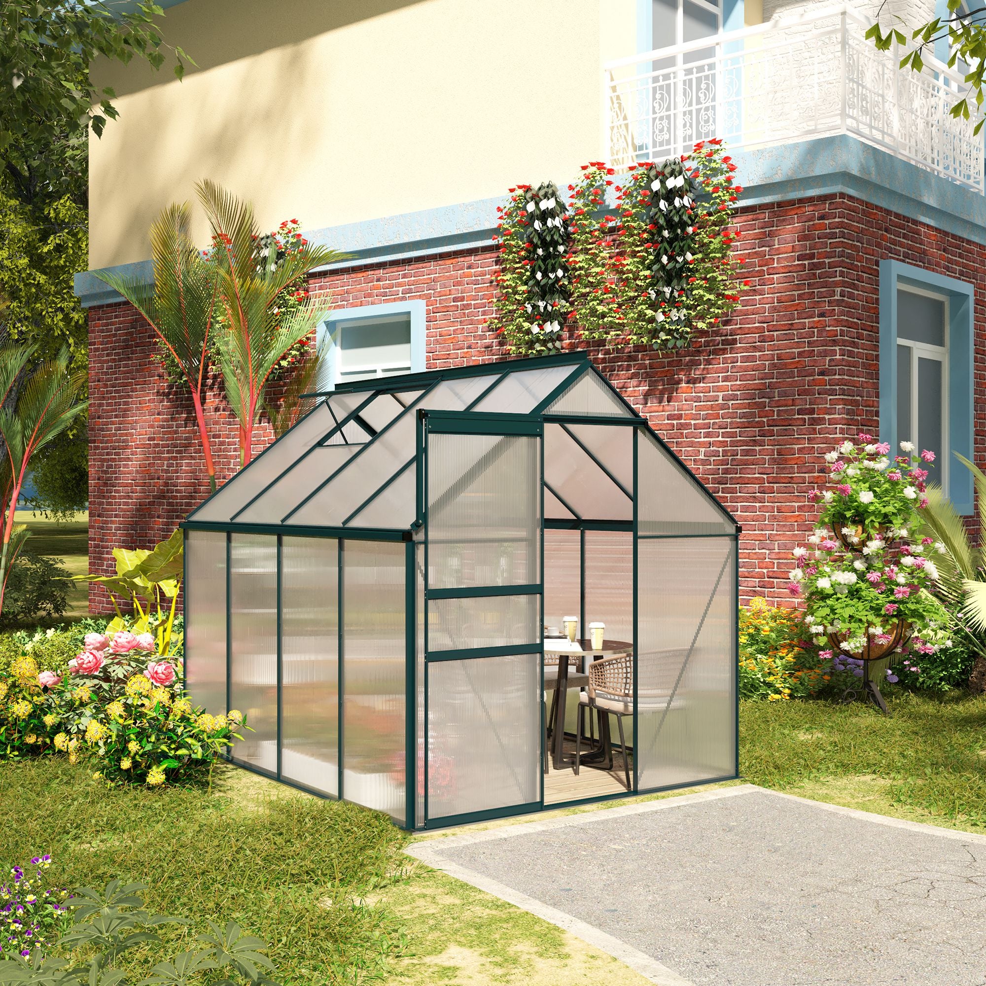 Polycarbonate Garden Greenhouse 190x253x199cm, with Openable Window and Sliding Door, Aluminum Structure, Green