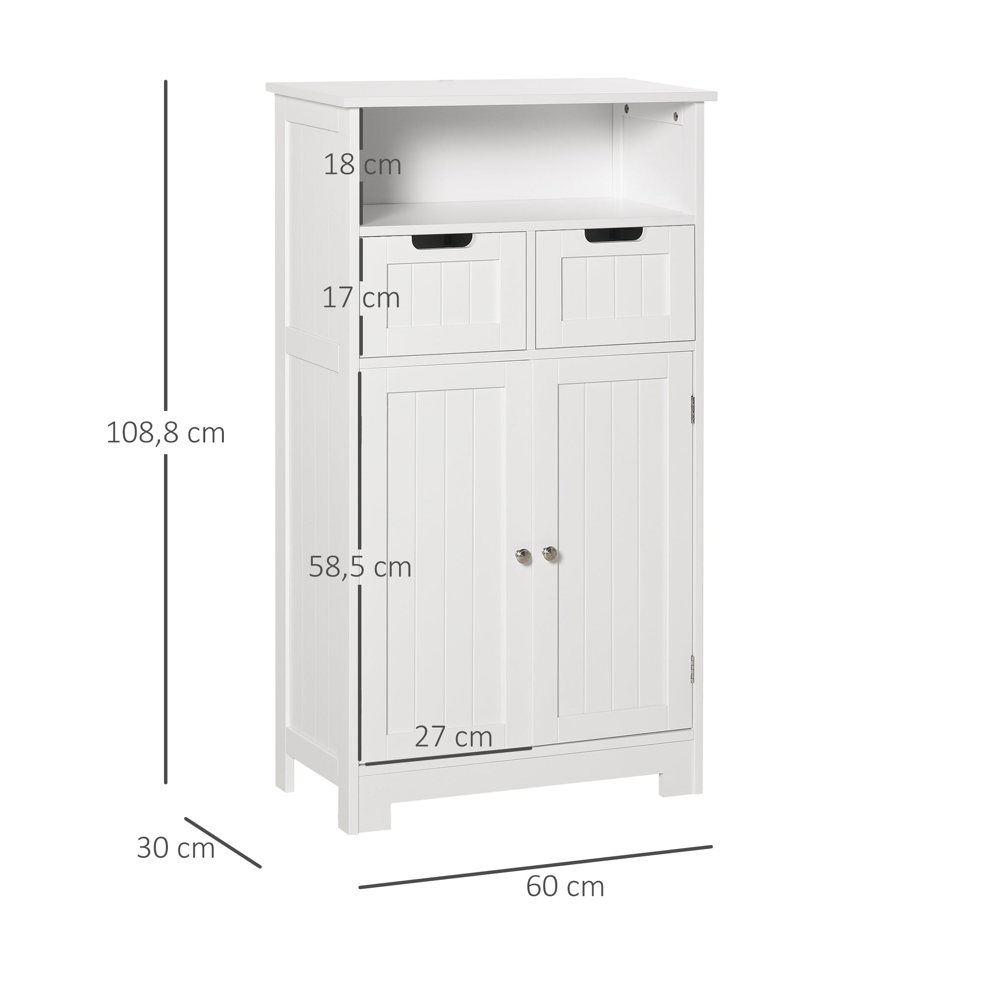 Bathroom Cabinet with 2 Doors Adjustable Shelf 2 Drawers and Open Compartment Storage Auxiliary furniture for Living Room Kitchen 60x30x108.8 cm White