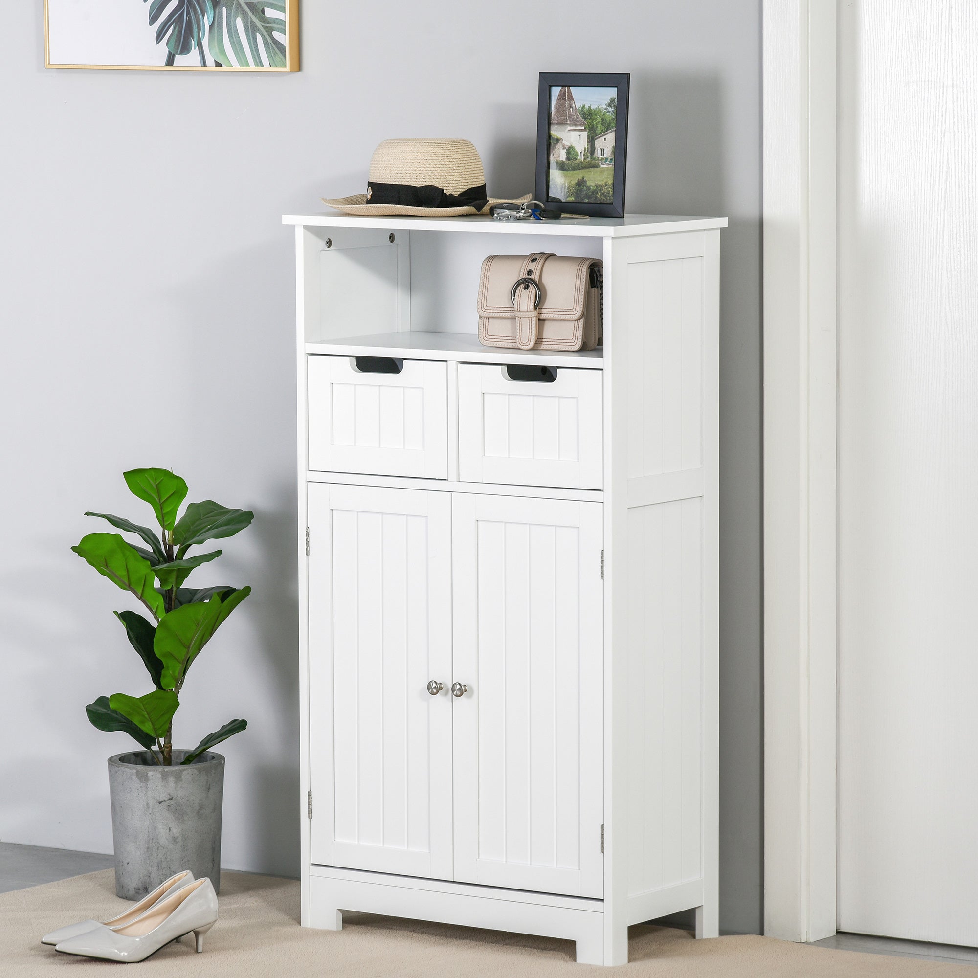 Bathroom Cabinet with 2 Doors Adjustable Shelf 2 Drawers and Open Compartment Storage Auxiliary furniture for Living Room Kitchen 60x30x108.8 cm White