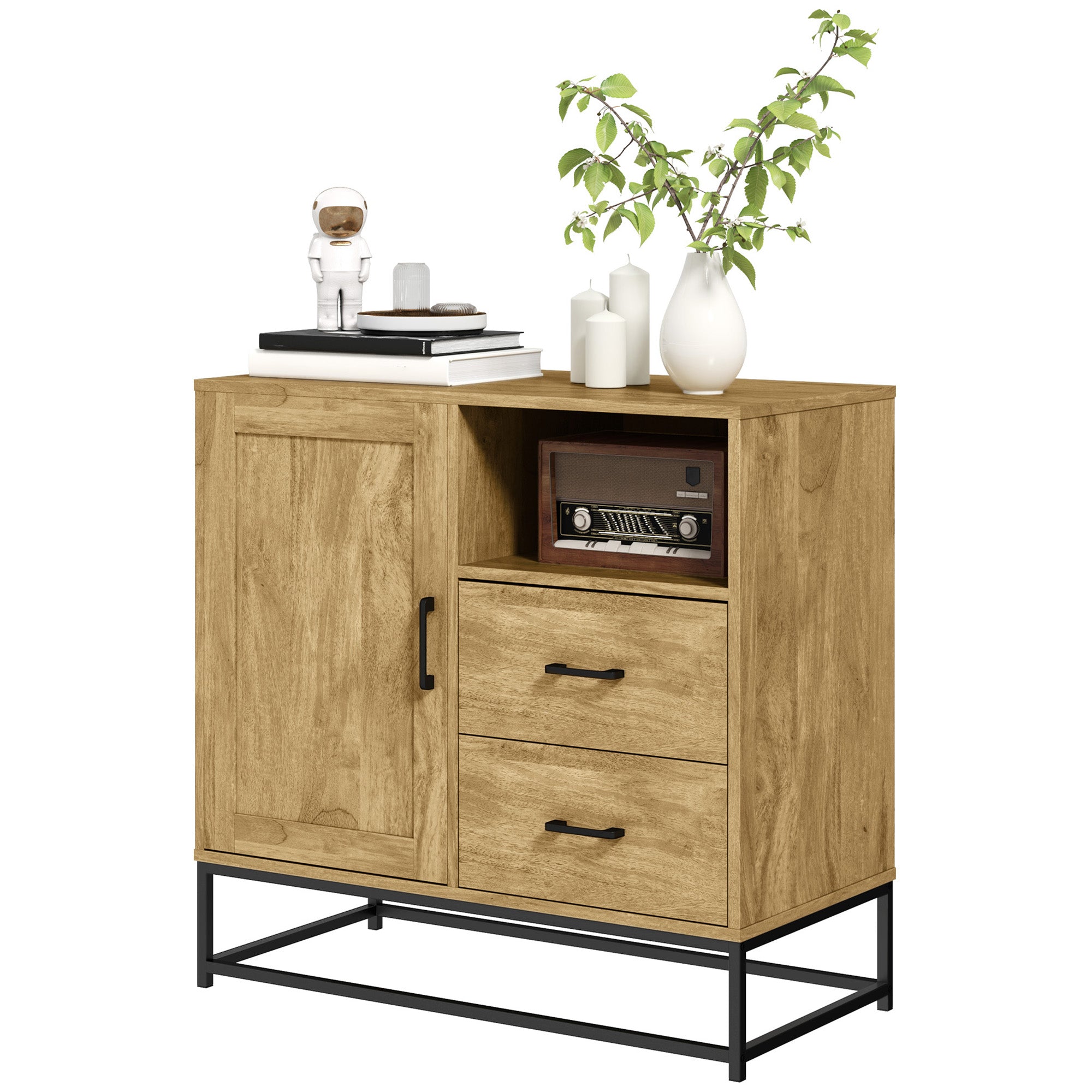 Modern Style Buffet Sideboard Storage Cabinet with 2 Drawers, Open Compartment, and Adjustable Shelf - Dining Room, Kitchen, Living Room Buffet, 80 x 40 x 78 cm, natural wood