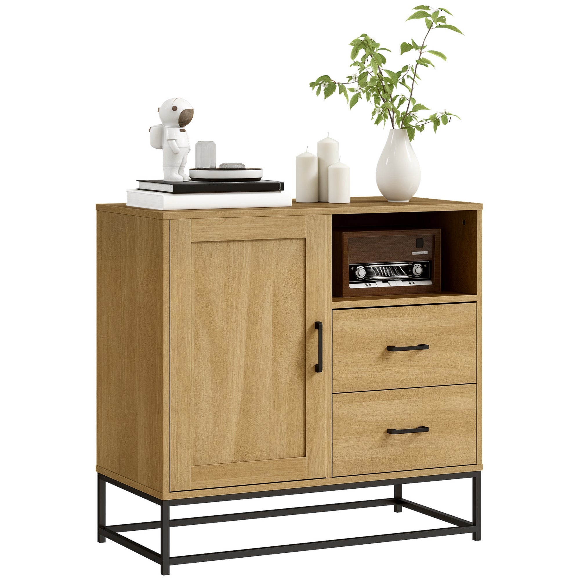 Modern Style Buffet Sideboard Storage Cabinet with 2 Drawers, Open Compartment, and Adjustable Shelf - Dining Room, Kitchen, Living Room Buffet, 80 x 40 x 78 cm, natural wood