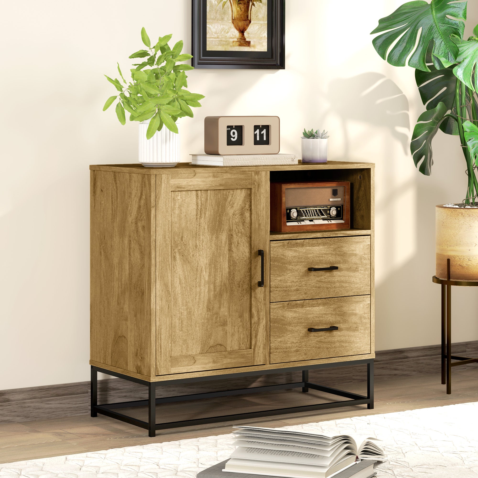 Modern Style Buffet Sideboard Storage Cabinet with 2 Drawers, Open Compartment, and Adjustable Shelf - Dining Room, Kitchen, Living Room Buffet, 80 x 40 x 78 cm, natural wood