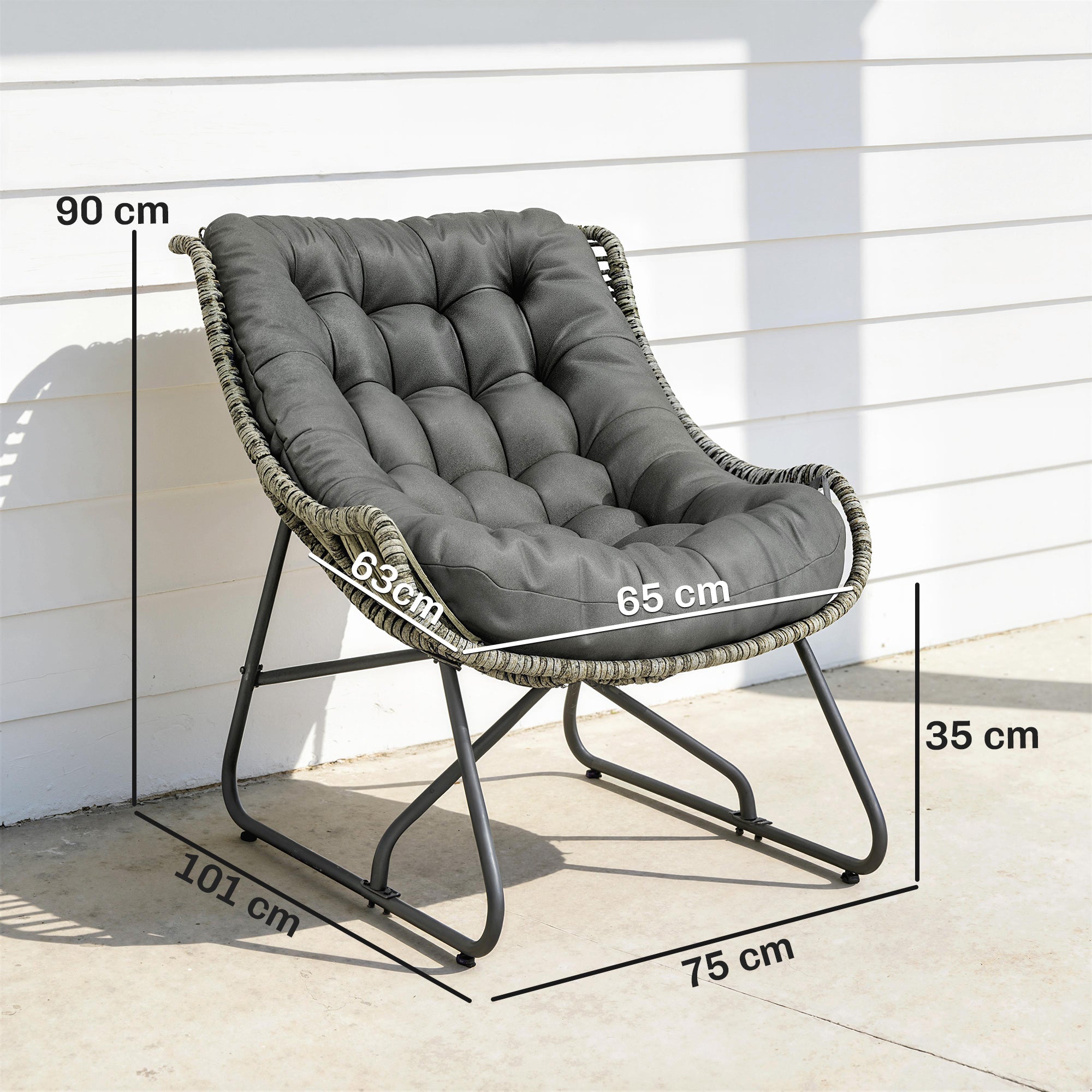 Rattan Armchair with Thick Cushion, Steel Frame Polyrattan Outdoor Armchair, Wicker Chair up to 265 lb, Garden Chair for Patio Balcony Terrace - Dark Gray