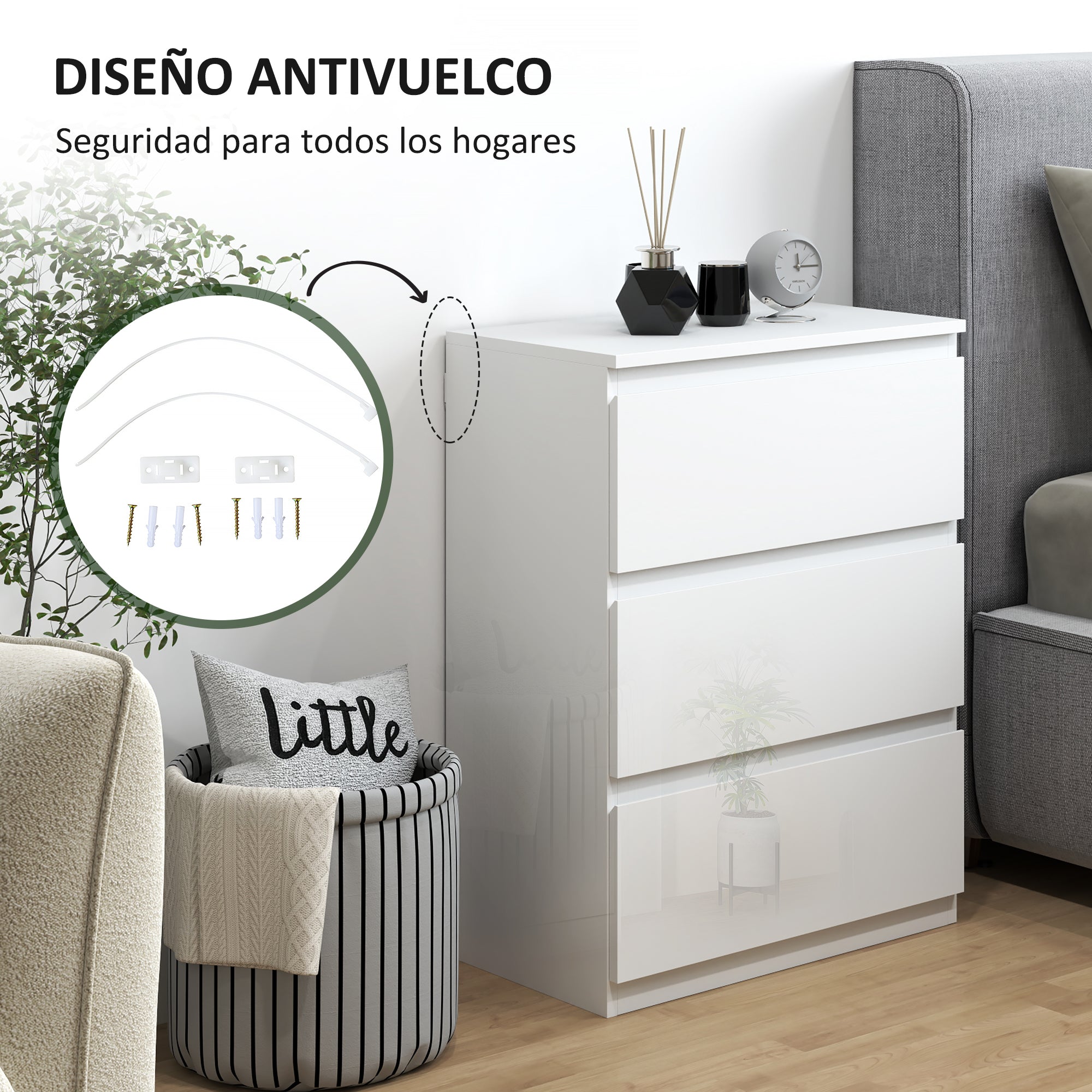 Chest of Drawers with 3 Drawers Modern Bedroom Chest of Drawers with Anti-tip Design Dresser for Living Room Hallway 55x34x75 cm Bright White