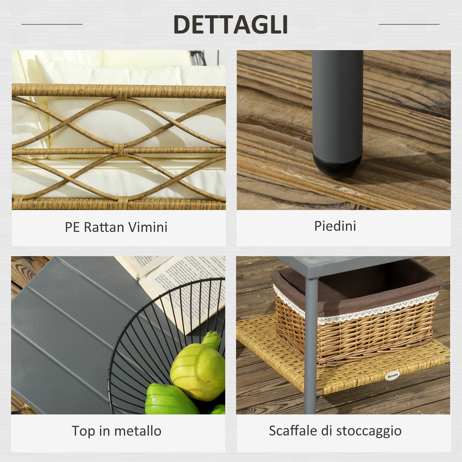 3-Piece Outdoor Rattan Lounge Set with Chaise Longue, Two-Seater Sofa, Cushions, and Coffee Table, Cream