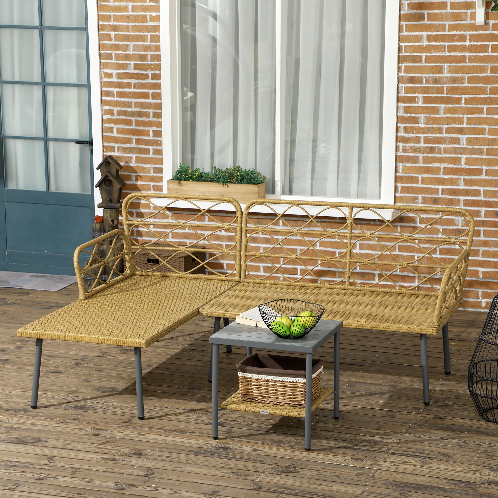 3-Piece Outdoor Rattan Lounge Set with Chaise Longue, Two-Seater Sofa, Cushions, and Coffee Table, Cream