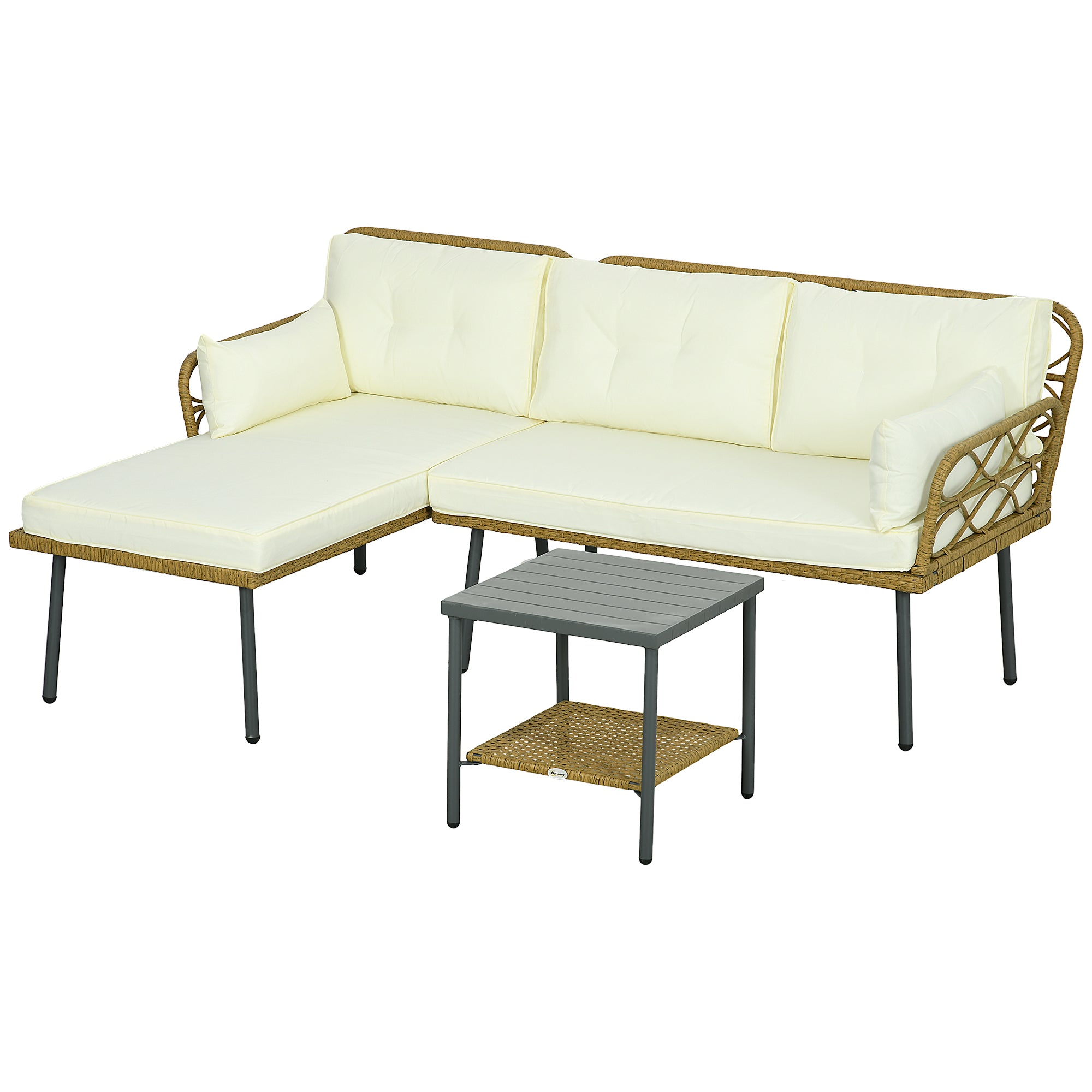 3-Piece Outdoor Rattan Lounge Set with Chaise Longue, Two-Seater Sofa, Cushions, and Coffee Table, Cream