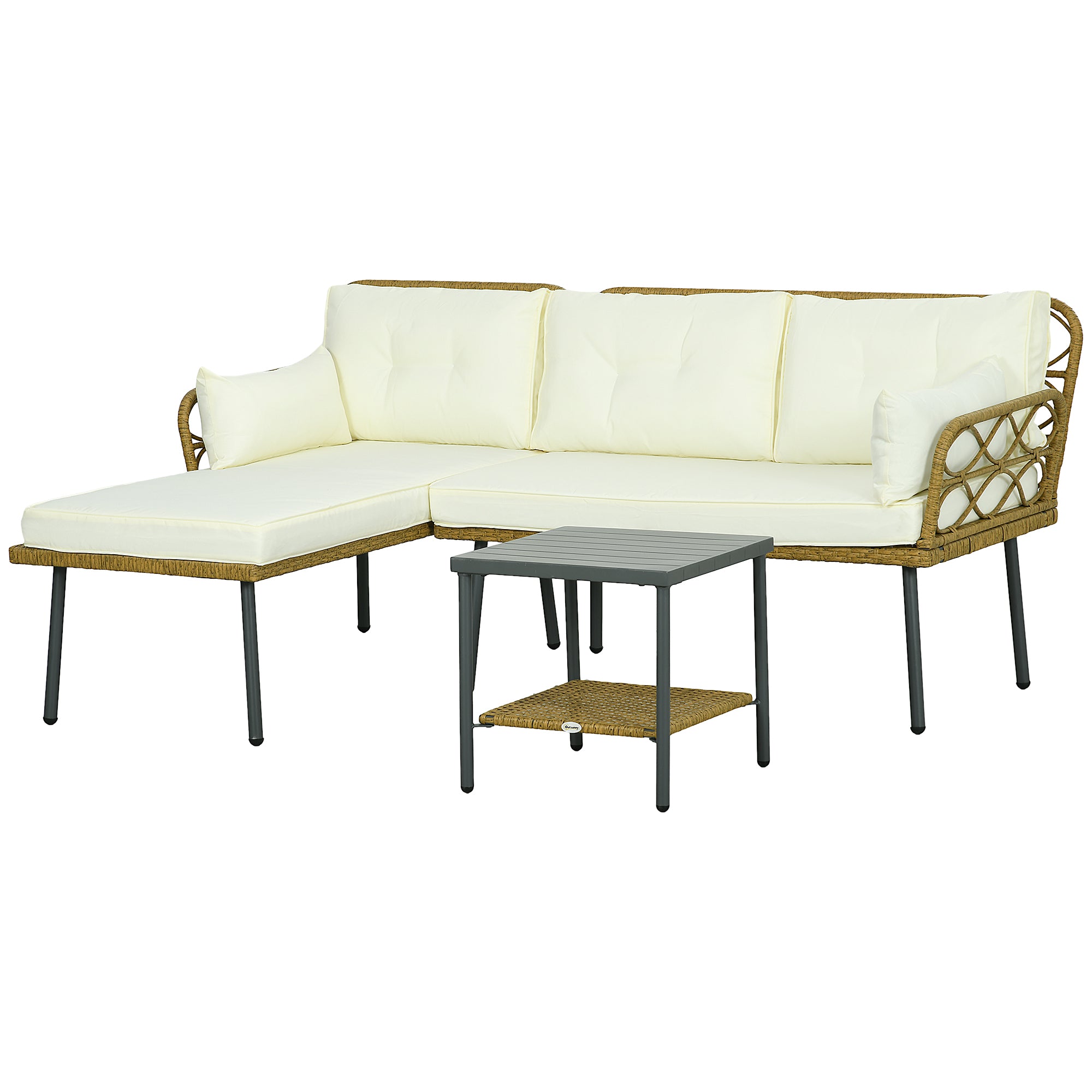 3-Piece Outdoor Rattan Lounge Set with Chaise Longue, Two-Seater Sofa, Cushions, and Coffee Table, Cream