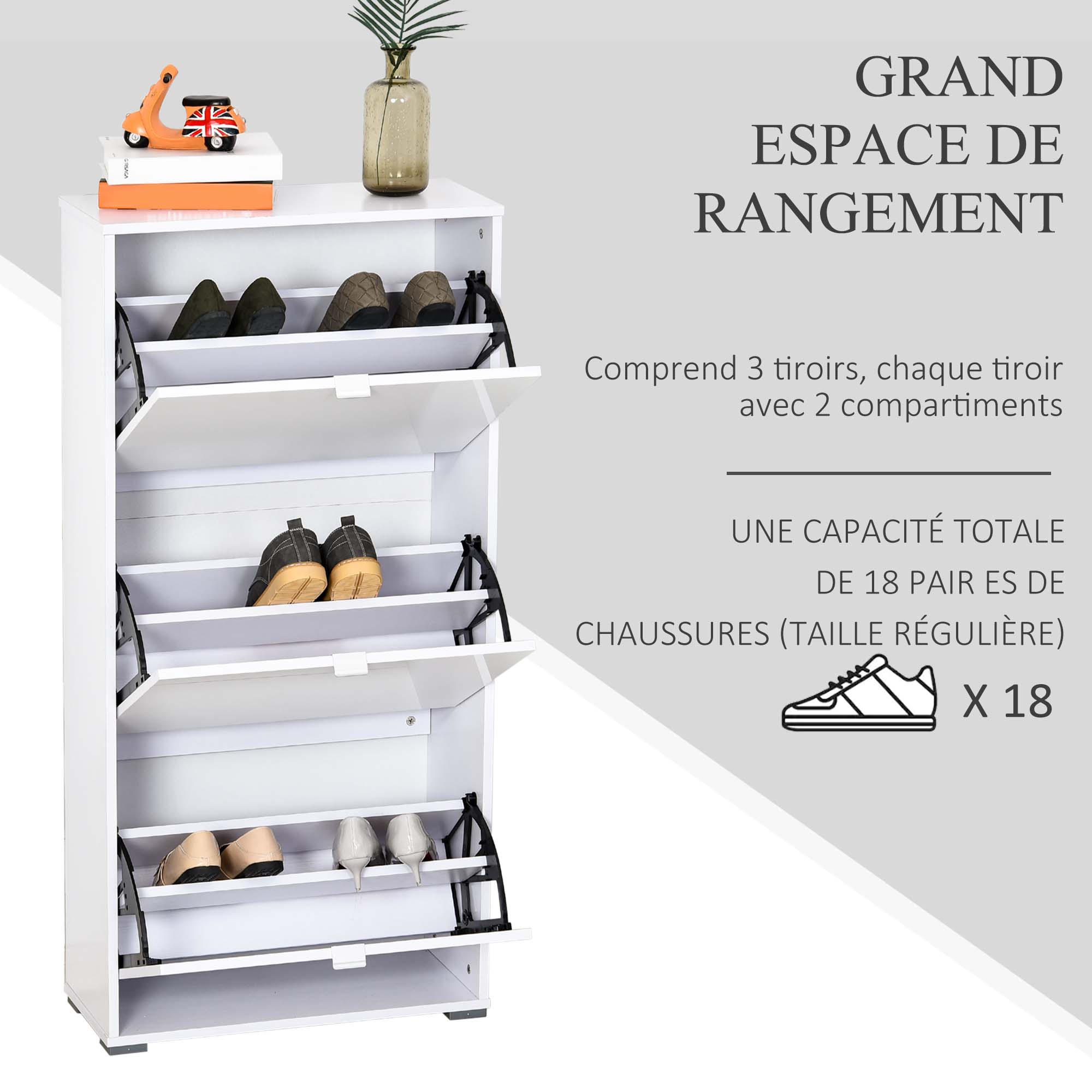 Shoe Storage Cabinet Shoe Rack 3 Drop-Down Doors 3 Compartments Wood 60L x 26W x 124H cm High Gloss White
