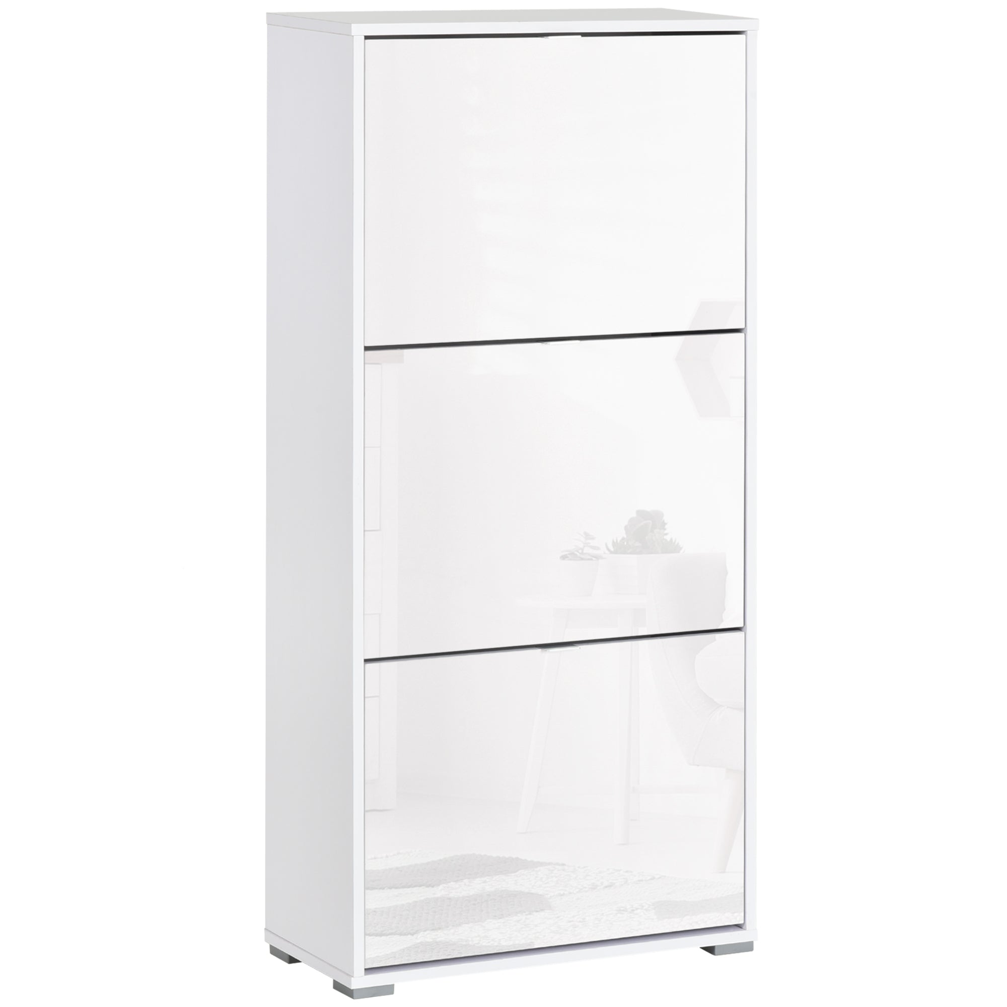 Shoe Storage Cabinet Shoe Rack 3 Drop-Down Doors 3 Compartments Wood 60L x 26W x 124H cm High Gloss White